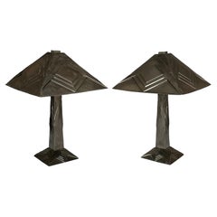 Pair of Blackened Brass Art Deco Table Lamps with Hand-Forged Shades
