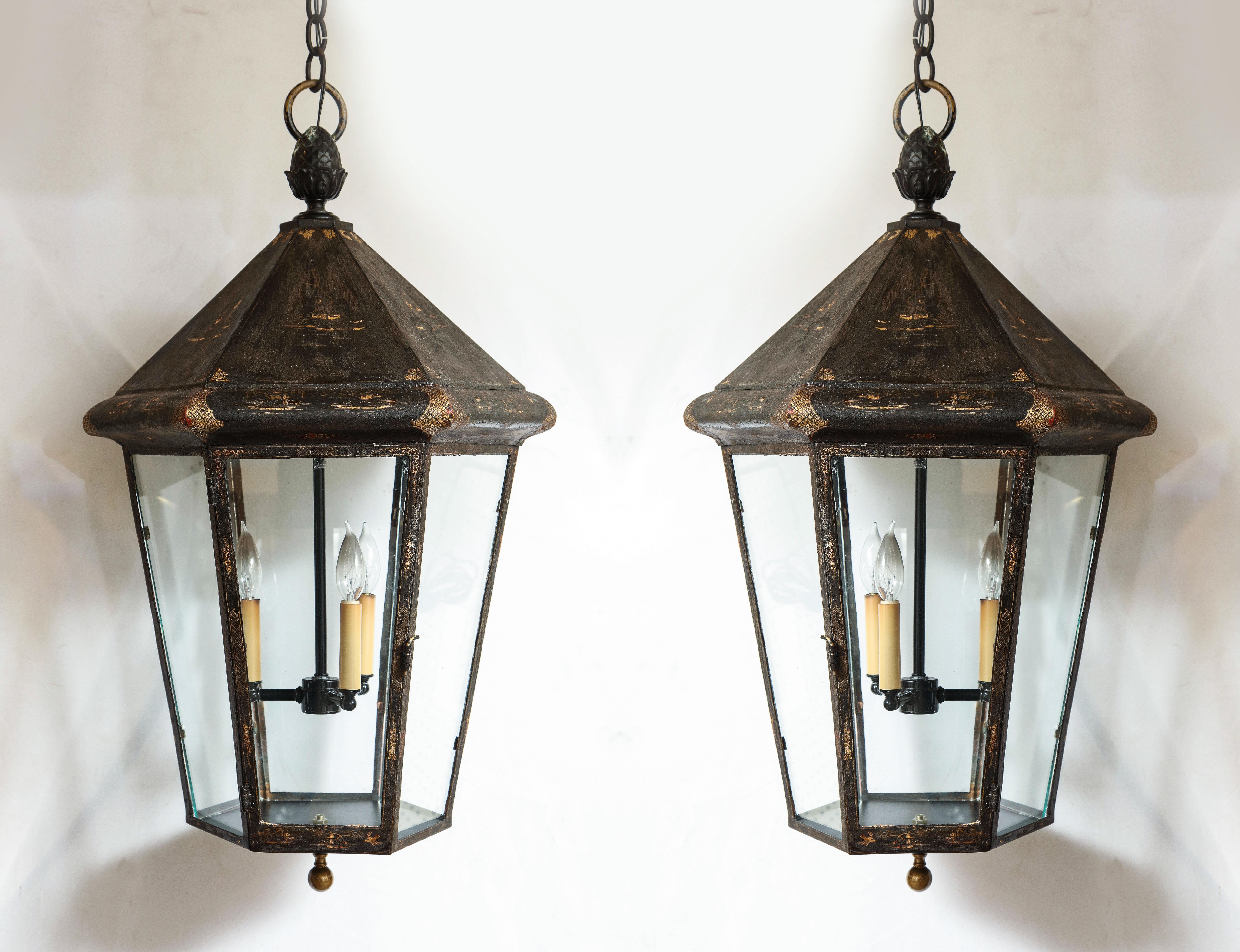 Pair of blackened British lanterns comes with 3ft of chain.
 