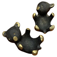 Pair of Blackened Bronze Small Bear Trays / Candle Holders by Walter Bosse