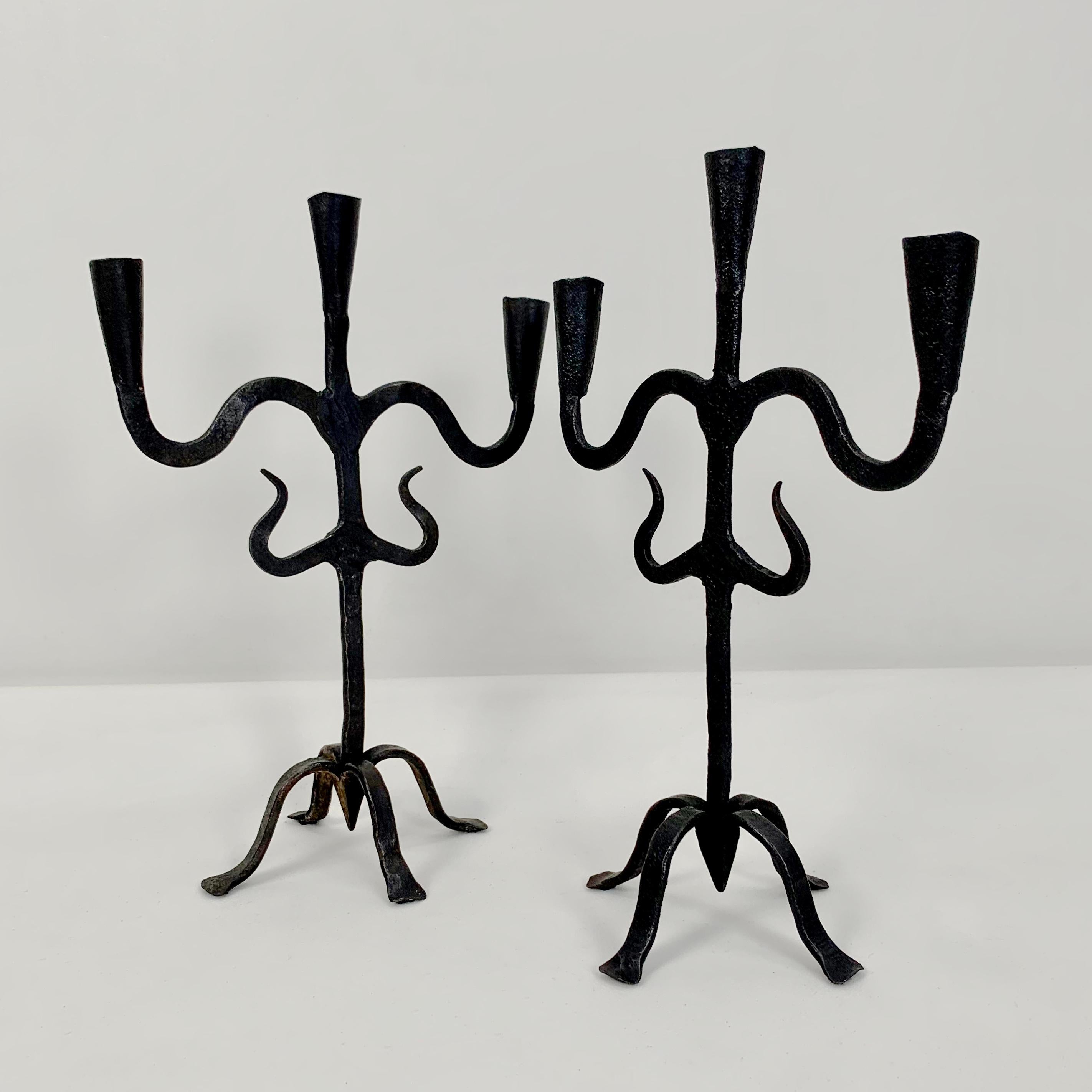 Pair of Blackened Wrought Iron Candlesticks, France circa 1950. 6