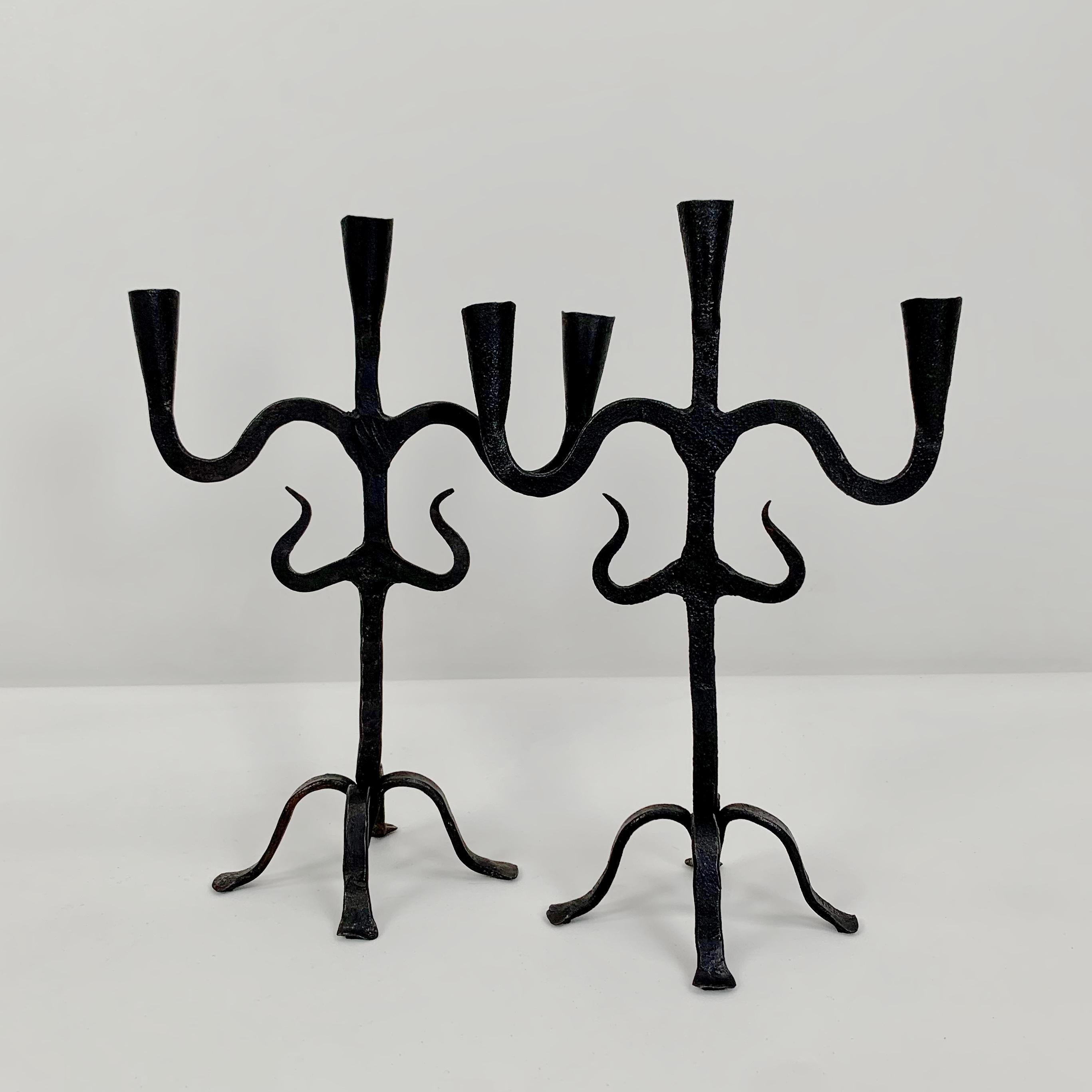 French Pair of Blackened Wrought Iron Candlesticks, France circa 1950.