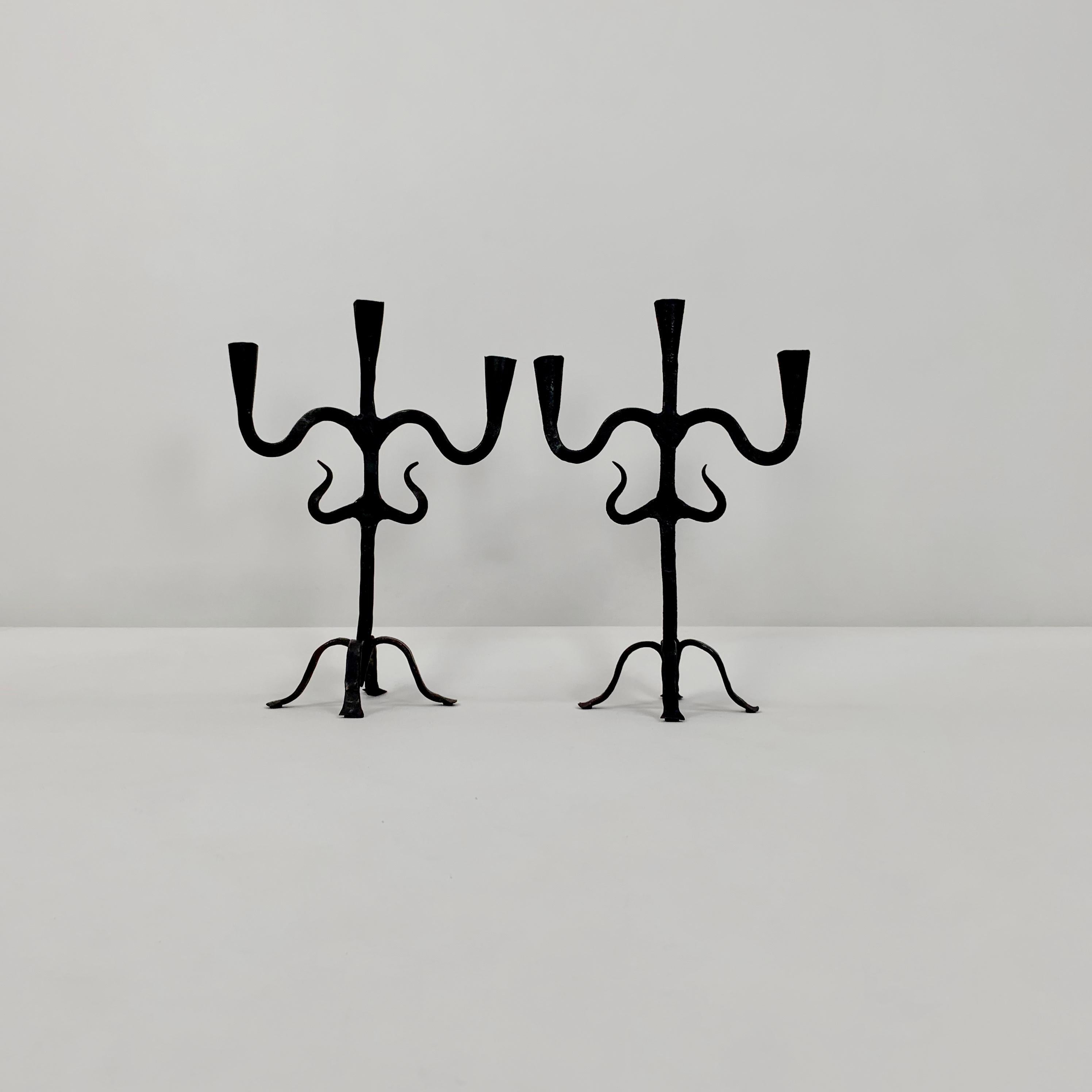 Pair of Blackened Wrought Iron Candlesticks, France circa 1950. In Good Condition In Brussels, BE