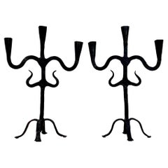 Pair of Blackened Wrought Iron Candlesticks, France circa 1950.