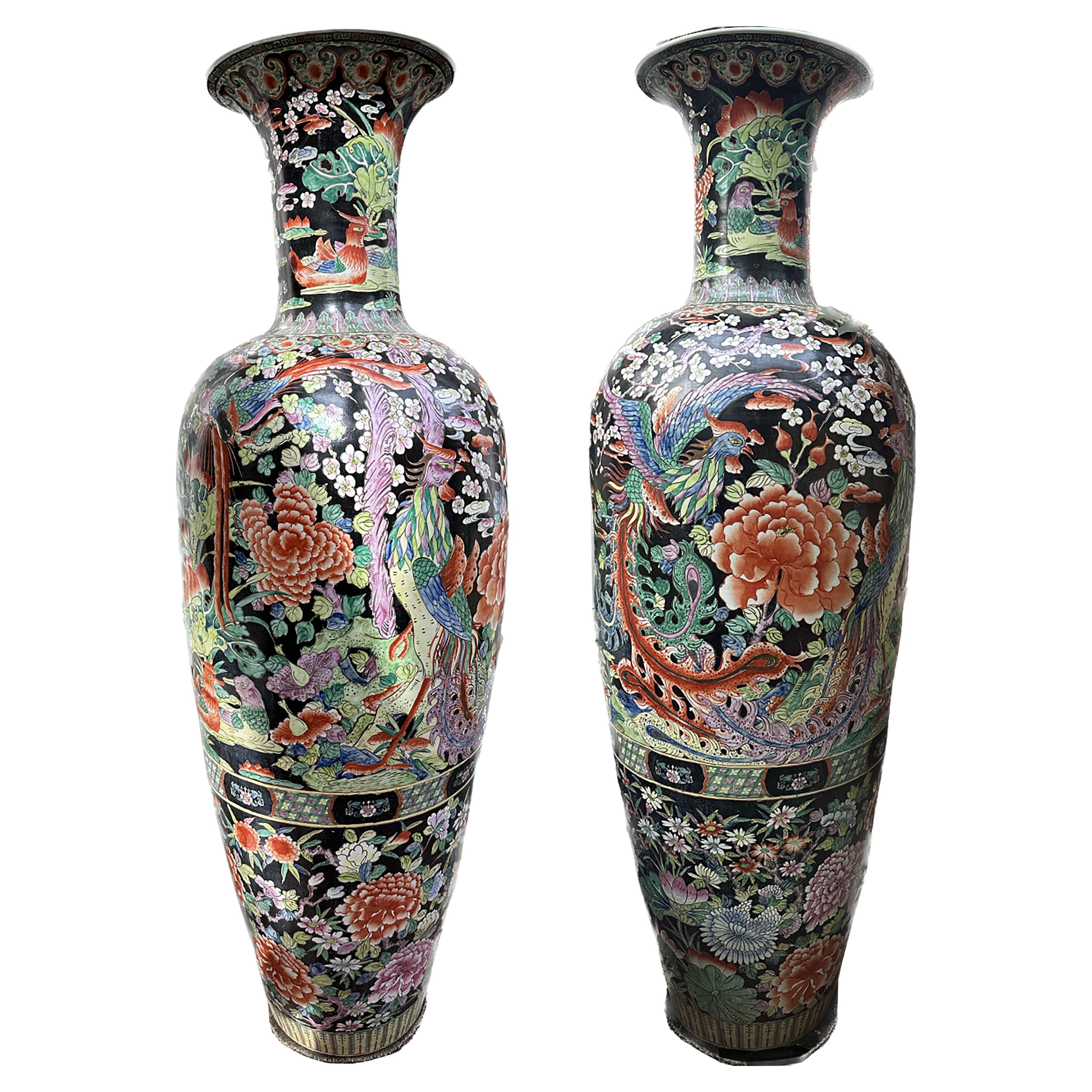 Pair of Blackground Porcelain Chinese Urns For Sale
