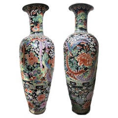 Vintage Pair of Blackground Porcelain Chinese Urns