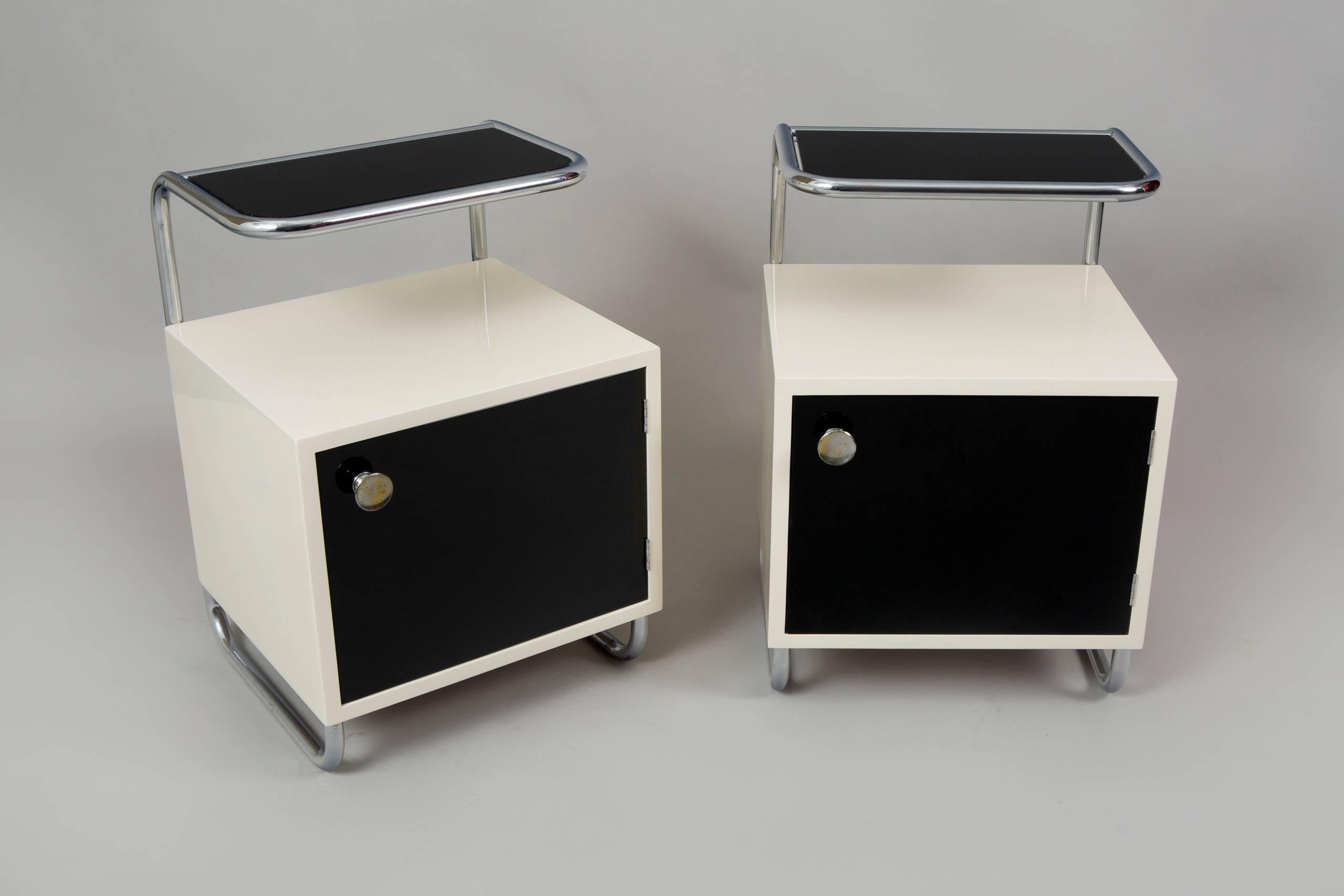 Pair of Art Deco bed-side tables from Czech Republic.
Completely restored, surface polished by piano lacquers.

Maker: Vichr a spol.

We guarantee safe a the cheapest air transport from Europe to the whole world within 7 days.
The price is the same