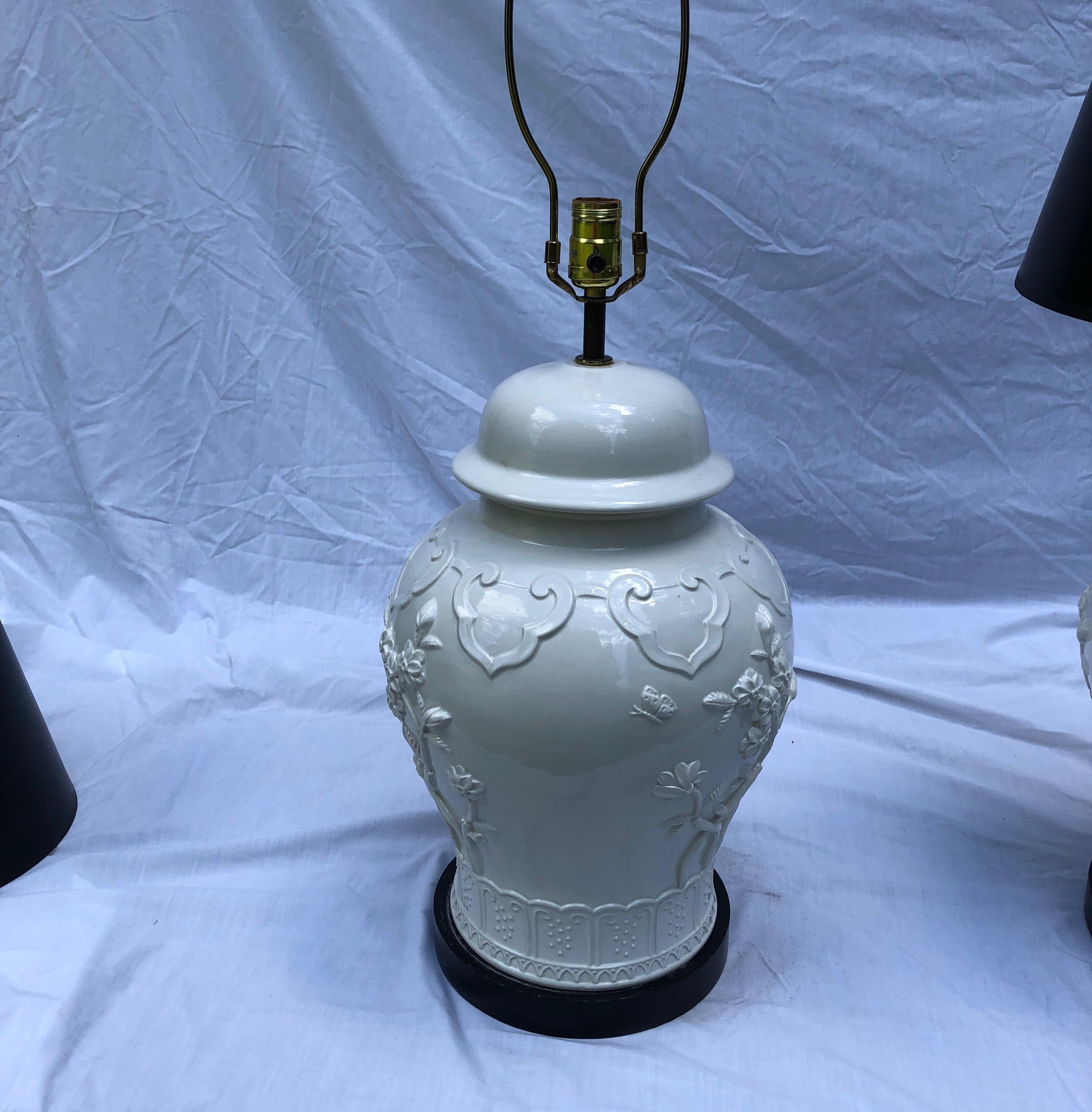 American Pair of Blanc De Chine Baluster-Form Jars Mounted as Table Lamps For Sale
