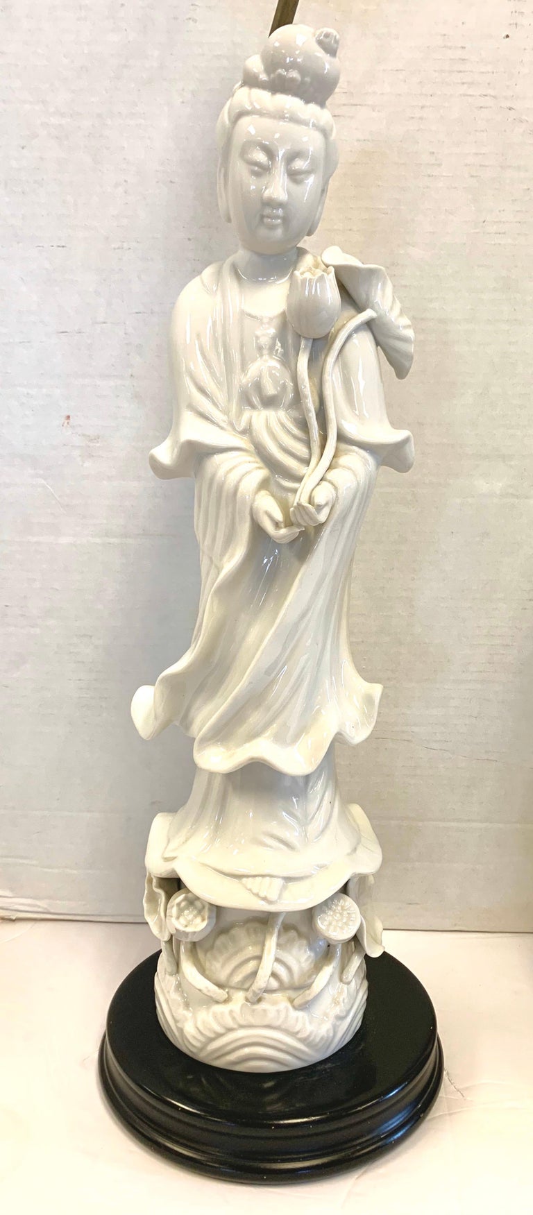 Pair of Blanc de Chine Chinoiserie Figural Porcelain Tall Table Lamps