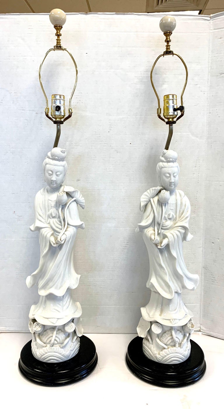 Pair of Blanc de Chine Chinoiserie Figural Porcelain Tall Table Lamps
