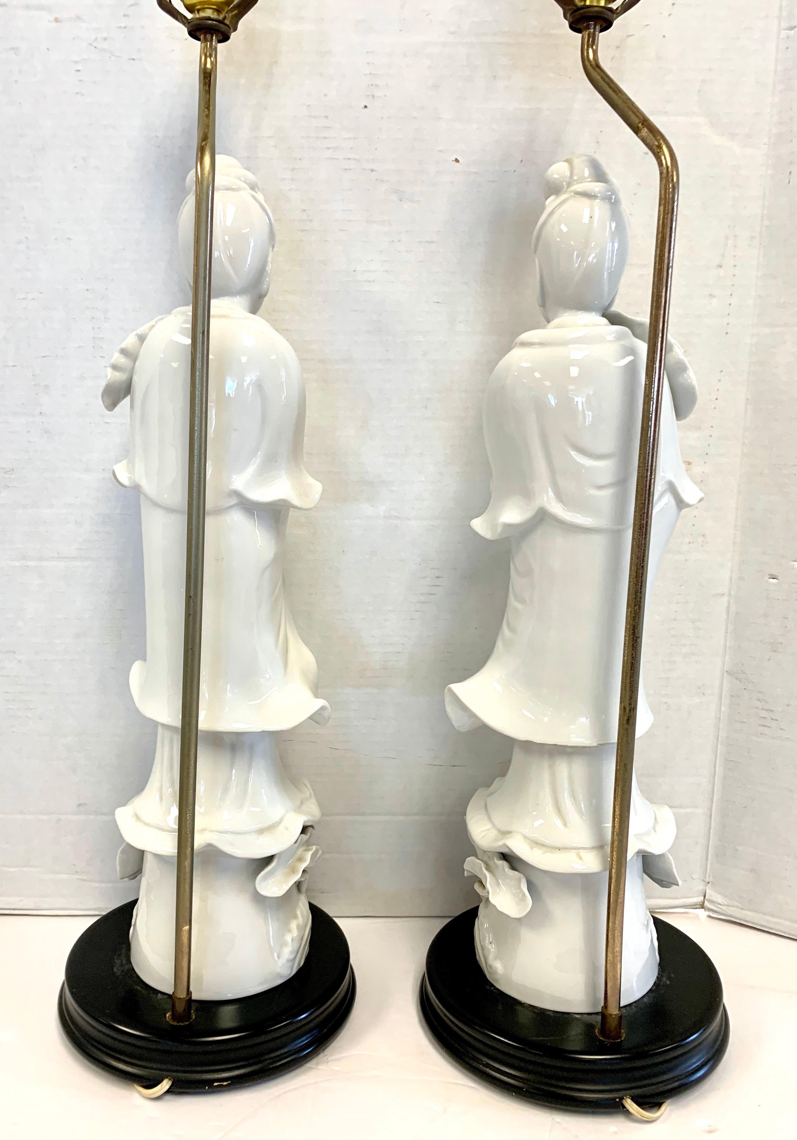 Chinese Export Pair of Blanc de Chine Chinoiserie Figural Porcelain Tall Table Lamps