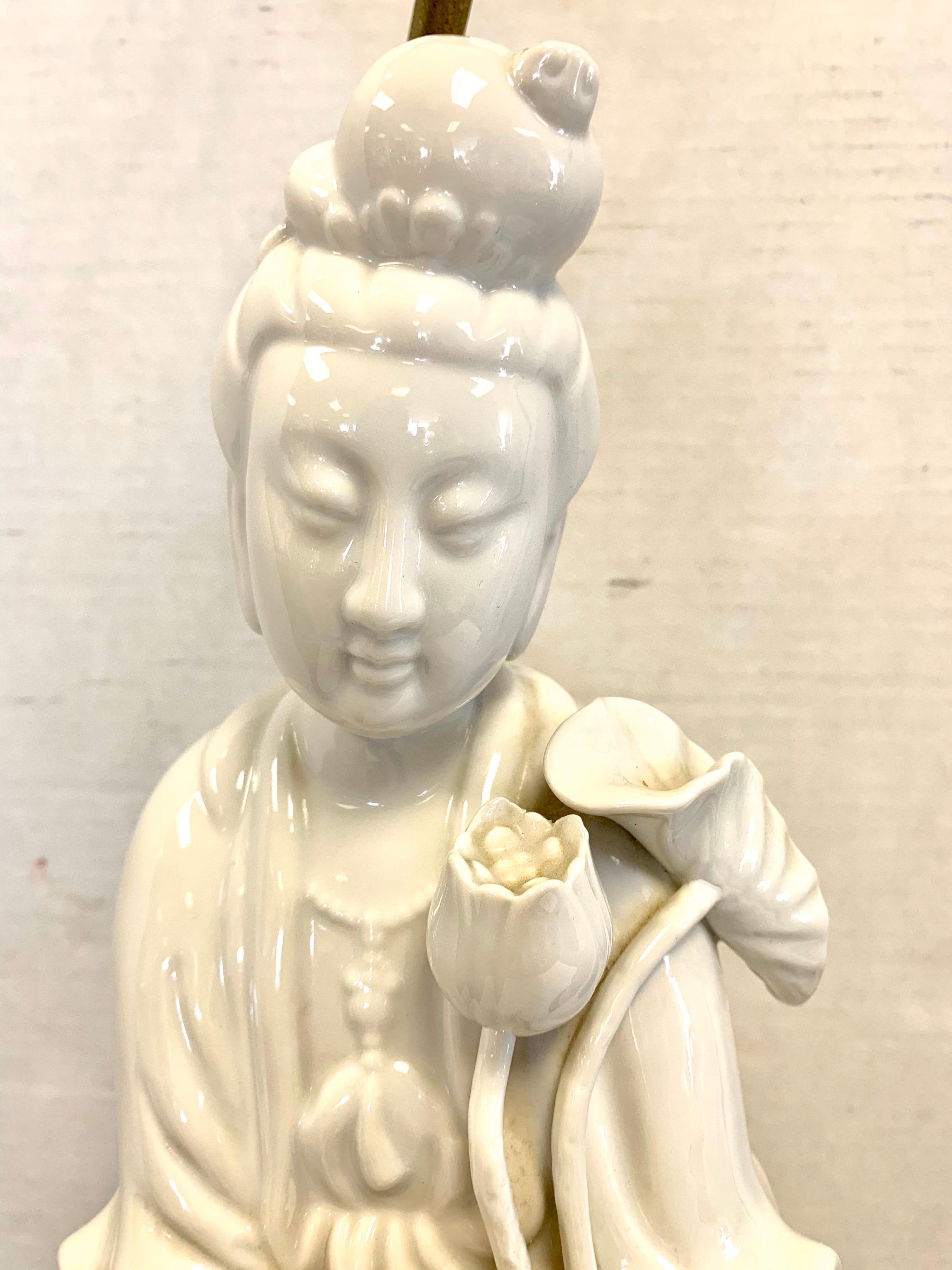 Pair of Blanc de Chine Chinoiserie Figural Porcelain Tall Table Lamps 1