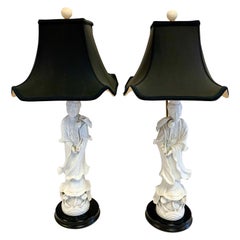 Retro Pair of Blanc de Chine Chinoiserie Figural Porcelain Tall Table Lamps