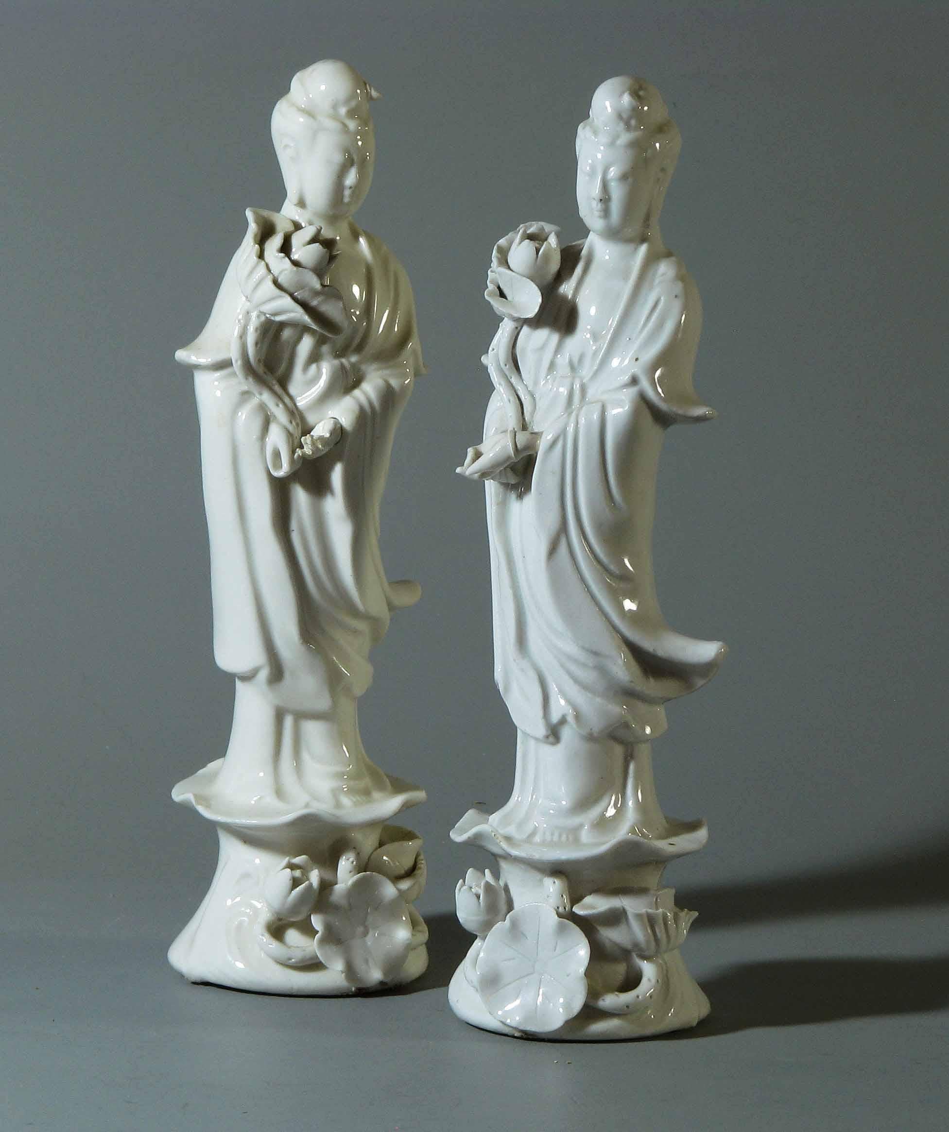 Hand-Crafted Pair of Blanc-de-Chine Dehua Figures of Guanyin For Sale