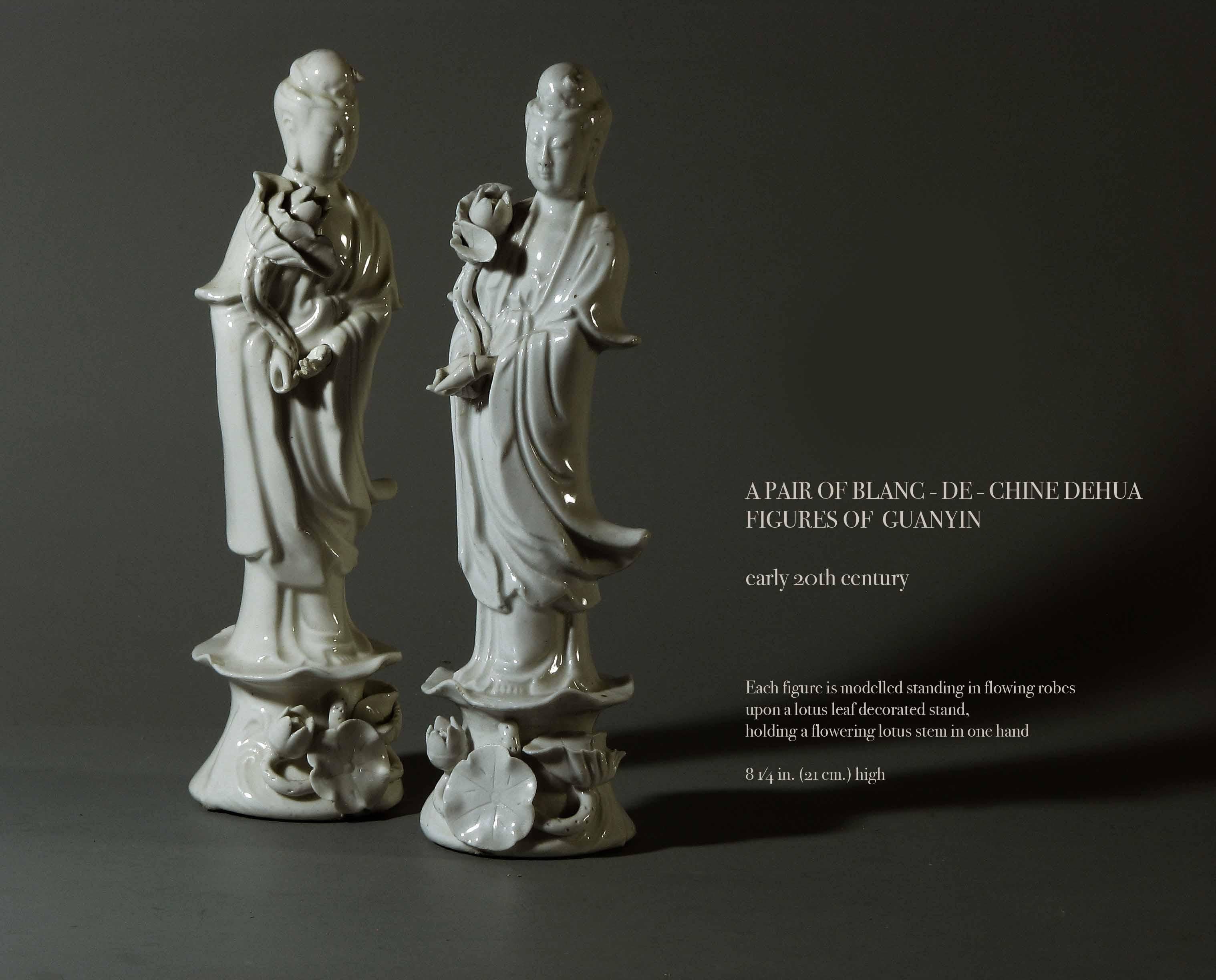 Hand-Crafted Pair of Blanc-de-Chine Dehua Figures of Guanyin For Sale