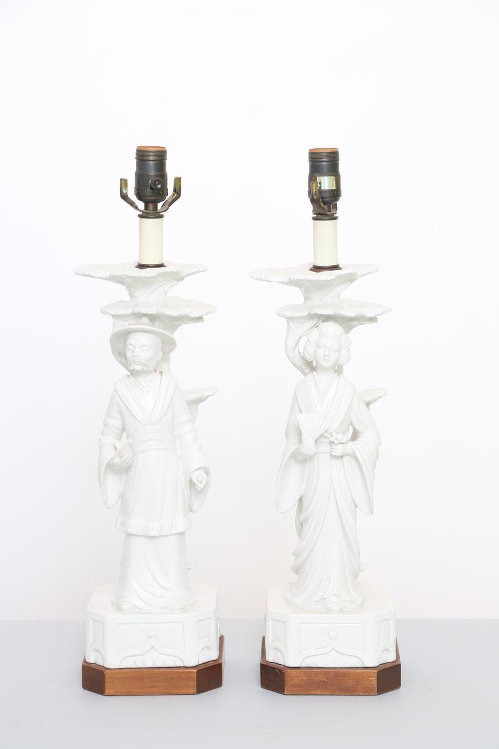 Chinoiserie Pair of Blanc de Chine Figural Lamps
