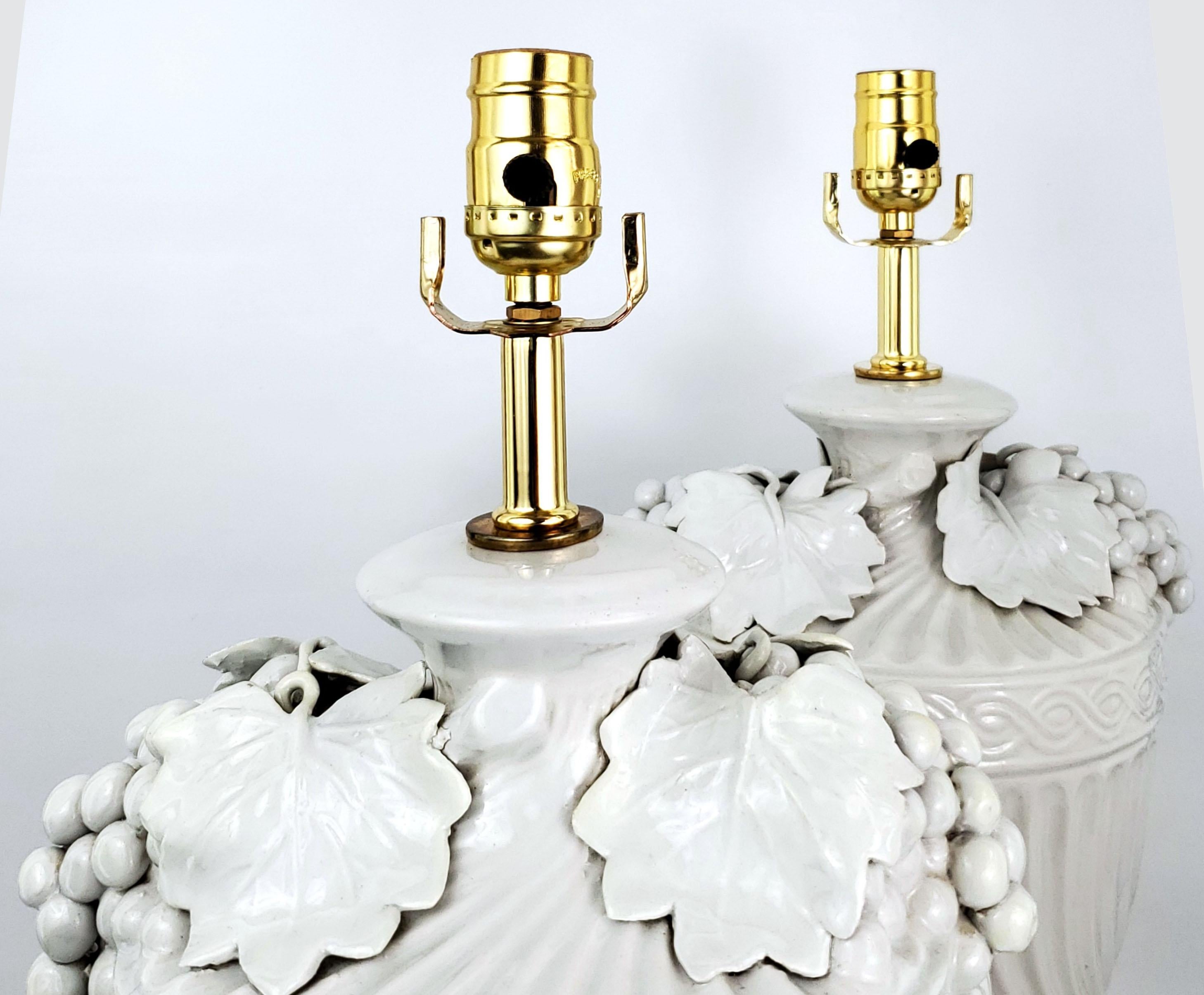 Pair Blanc De Chine Italian White Porcelain Urn Table Lamps with Grape Leaves For Sale 3