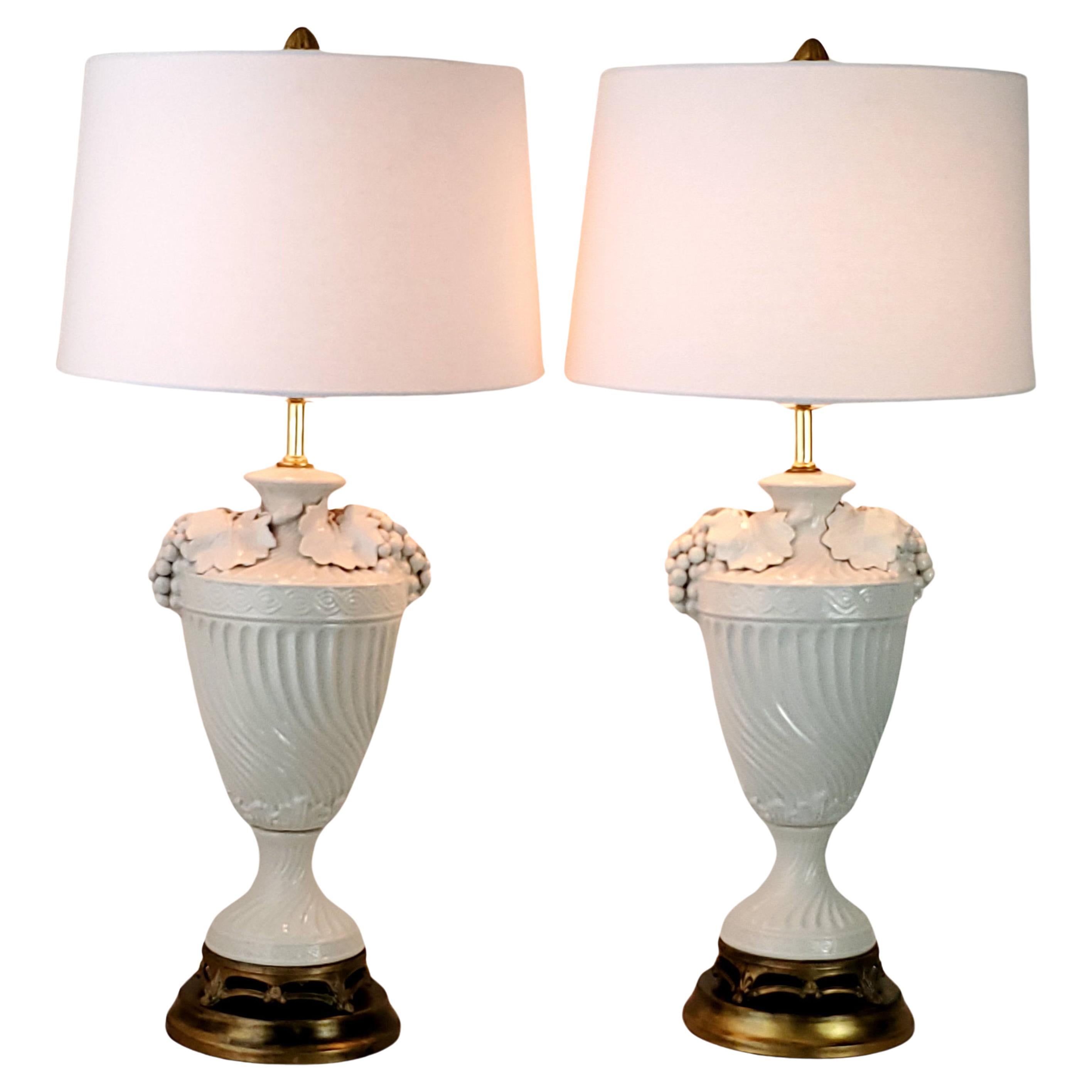 Brass Pair Blanc De Chine Italian White Porcelain Urn Table Lamps with Grape Leaves For Sale