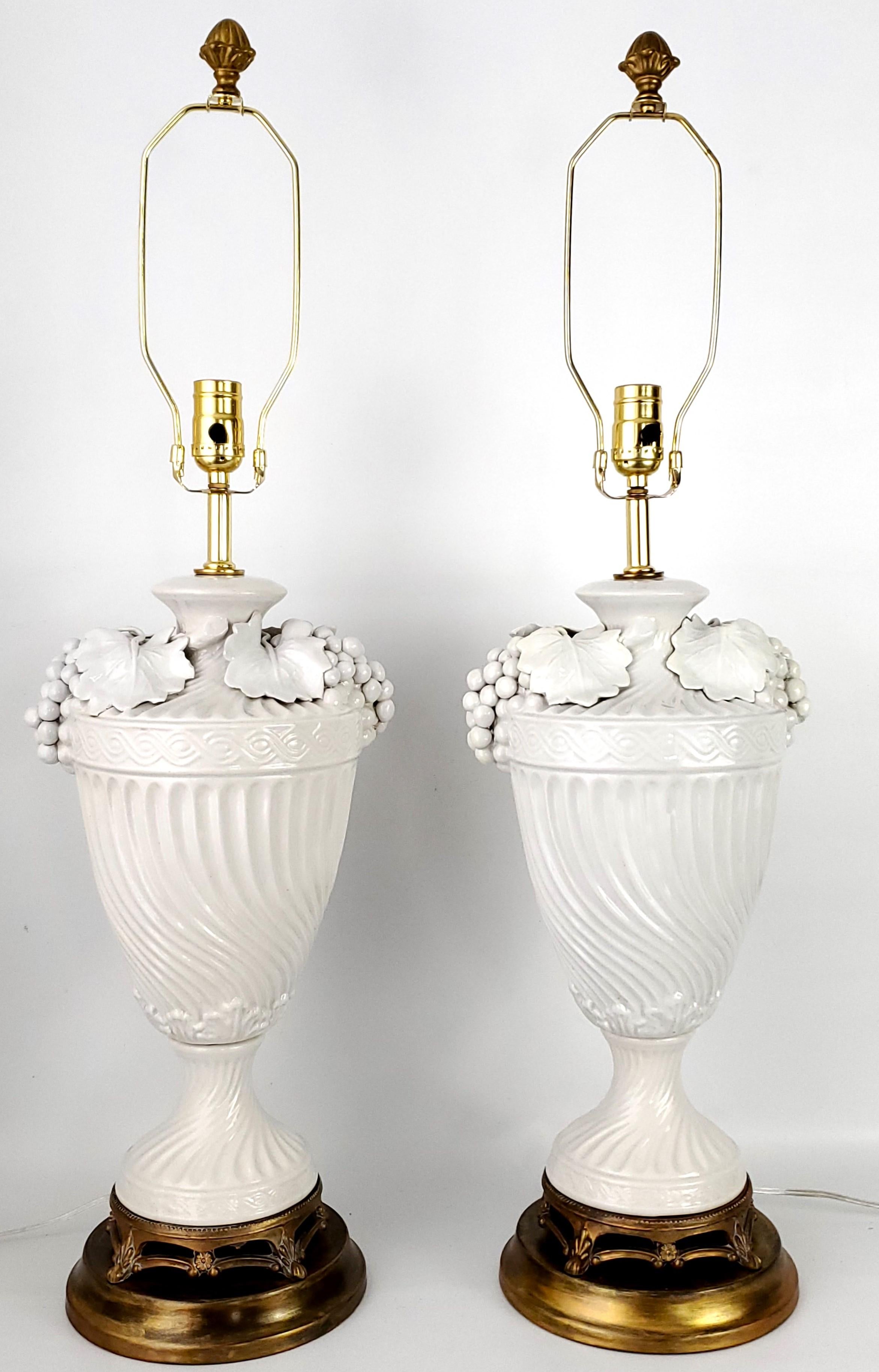 Mid-Century Modern Pair Blanc De Chine Italian White Porcelain Urn Table Lamps with Grape Leaves For Sale