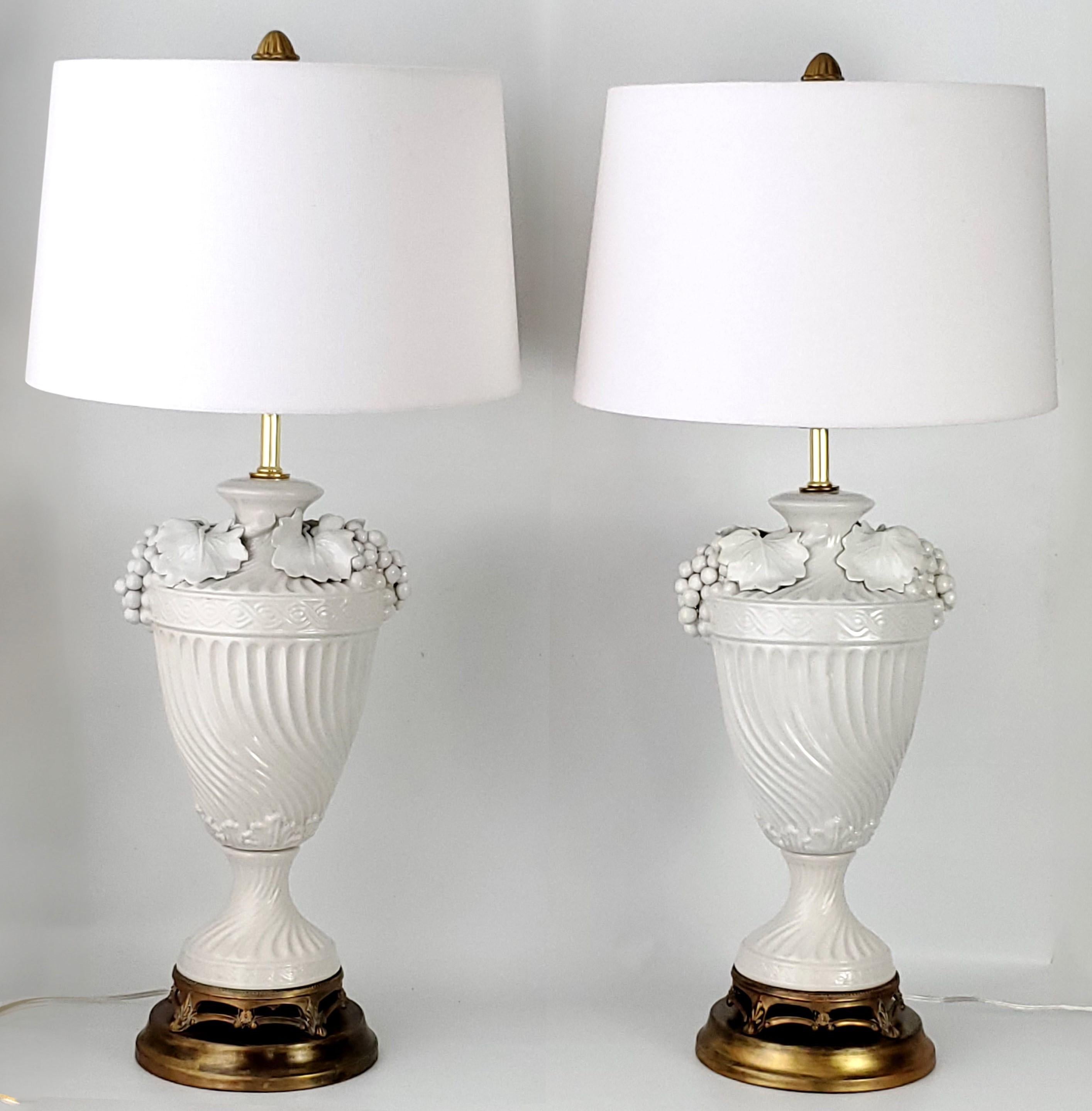 20th Century Pair Blanc De Chine Italian White Porcelain Urn Table Lamps with Grape Leaves For Sale