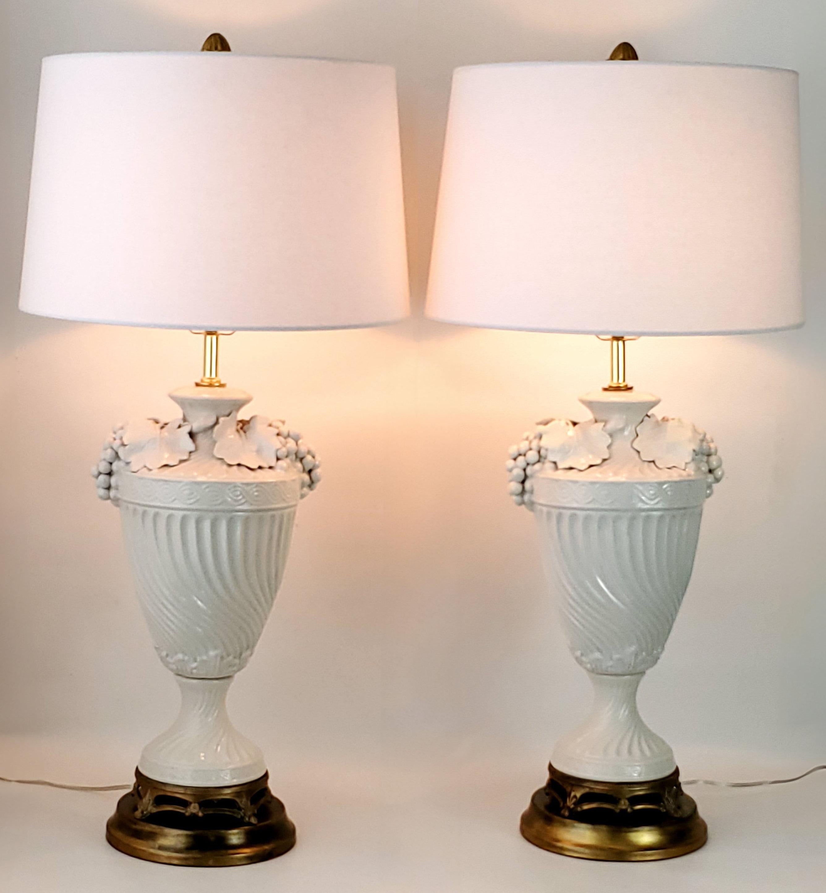 Pair Blanc De Chine Italian White Porcelain Urn Table Lamps with Grape Leaves For Sale 6
