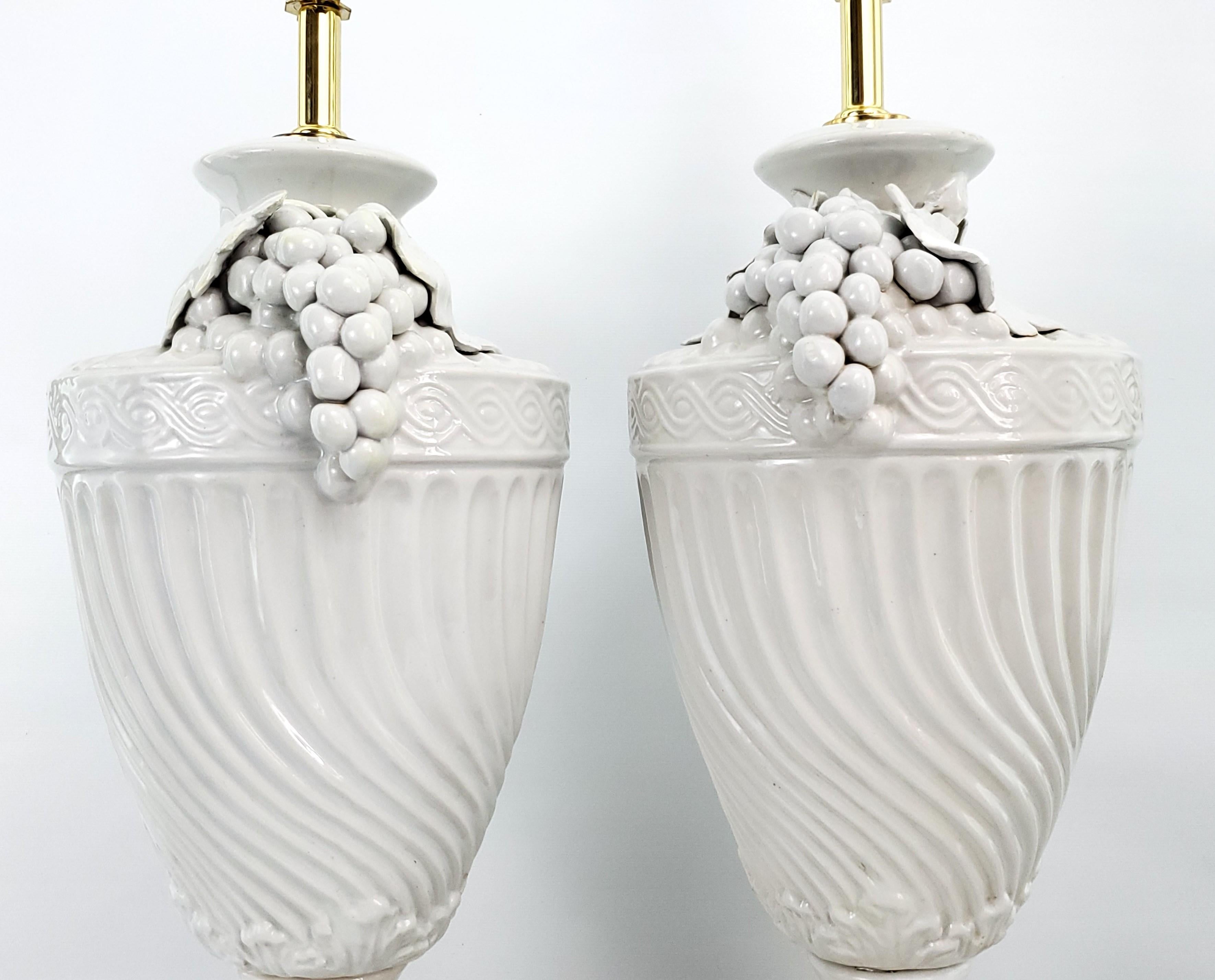 Pair Blanc De Chine Italian White Porcelain Urn Table Lamps with Grape Leaves For Sale 2