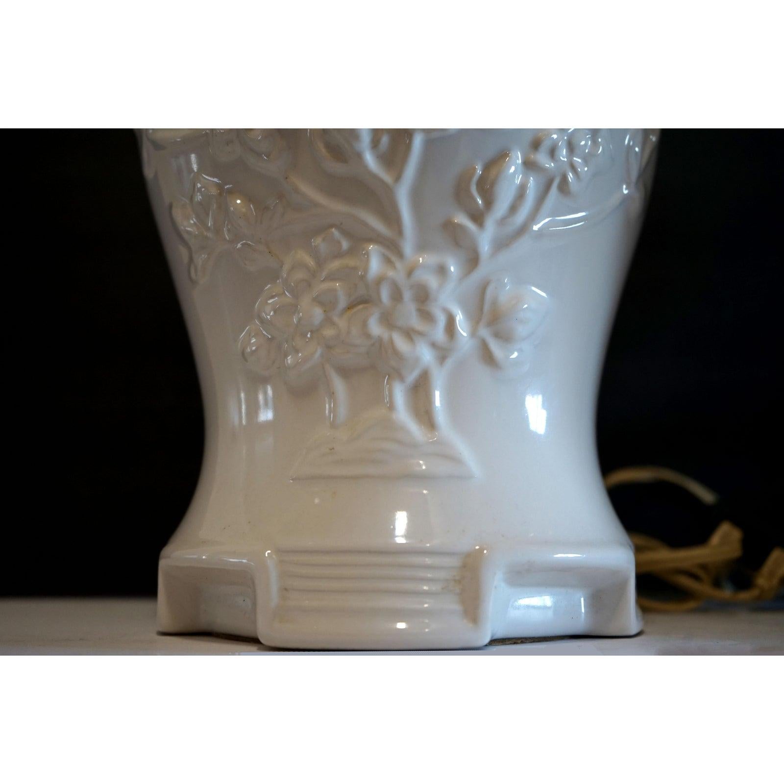 Pair of Blanc De Chine Vintage Porcelain Baluster Lamps with Prunus Motif 5