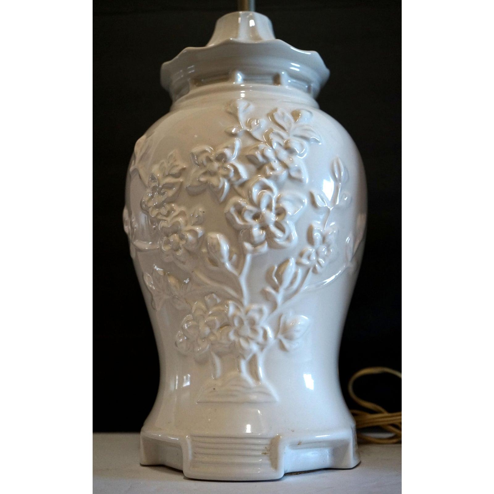Pair of Blanc De Chine Vintage Porcelain Baluster Lamps with Prunus Motif 6