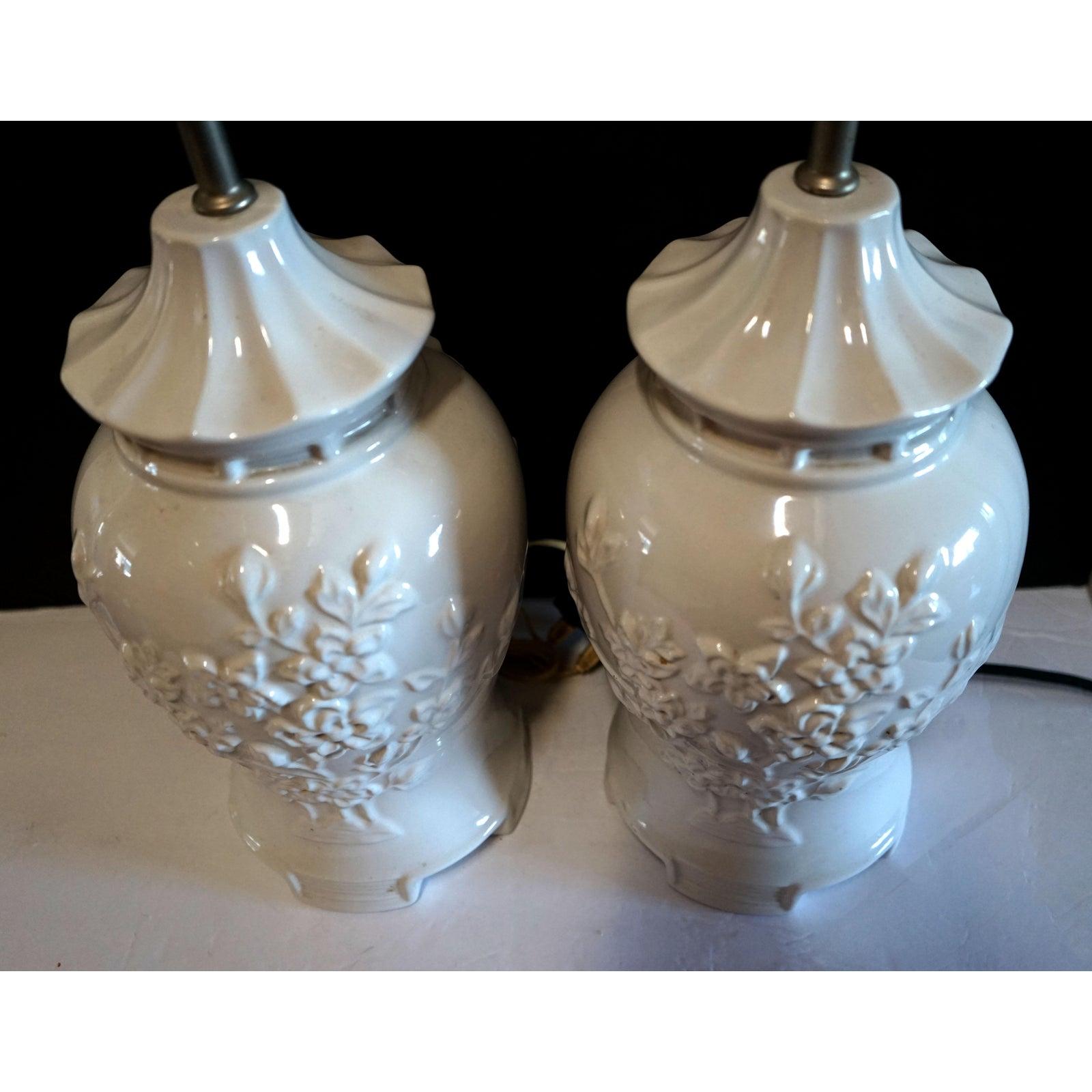 Pair of Blanc De Chine Vintage Porcelain Baluster Lamps with Prunus Motif 7