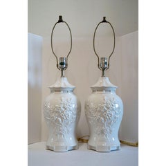 Pair of Blanc De Chine Vintage Porcelain Baluster Lamps with Prunus Motif
