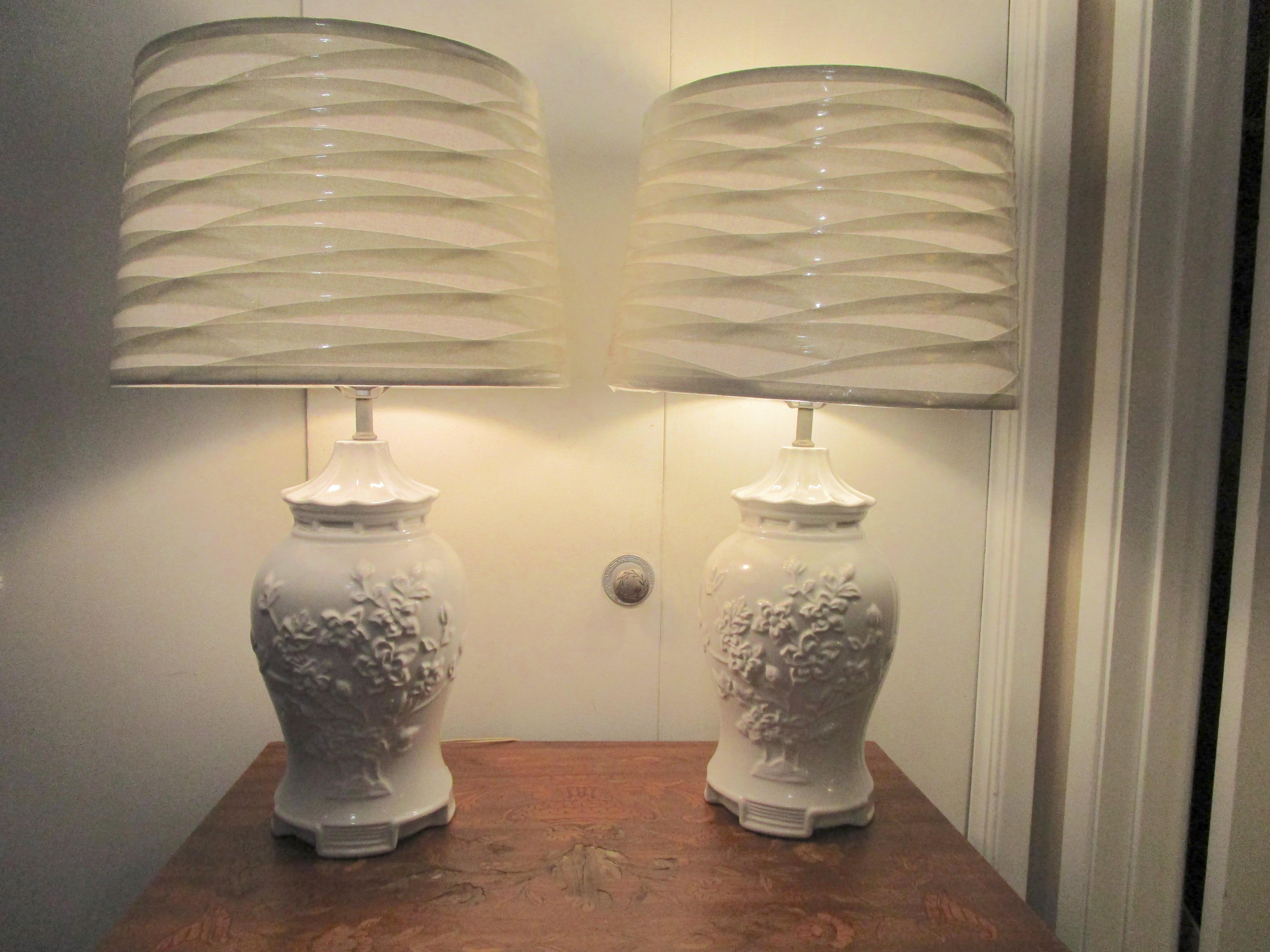 Pair of Blanc De Chine Vintage Porcelain Baluster Lamps with Prunus Motif 1