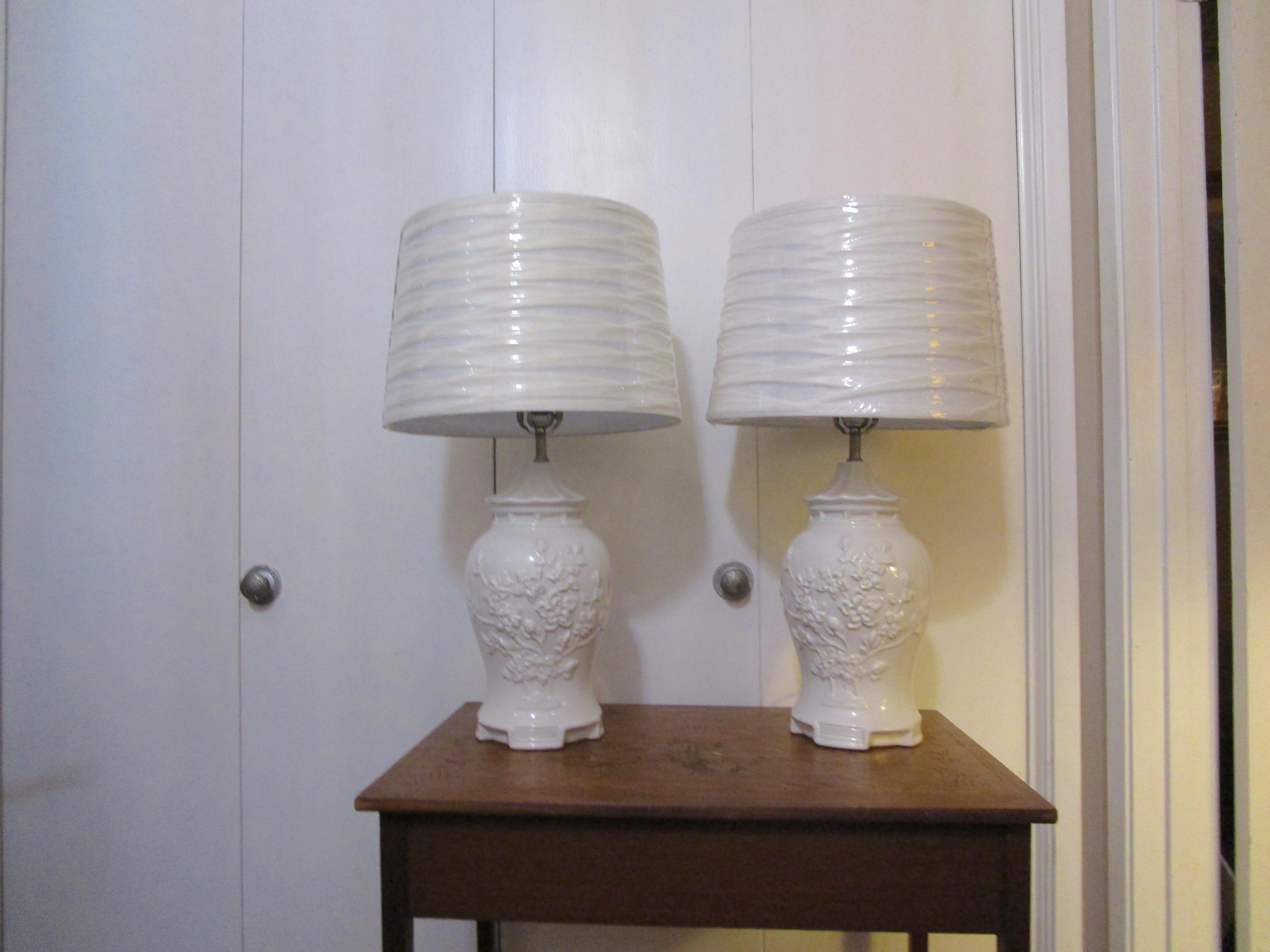 Pair of Blanc De Chine Vintage Porcelain Baluster Lamps with Prunus Motif 2