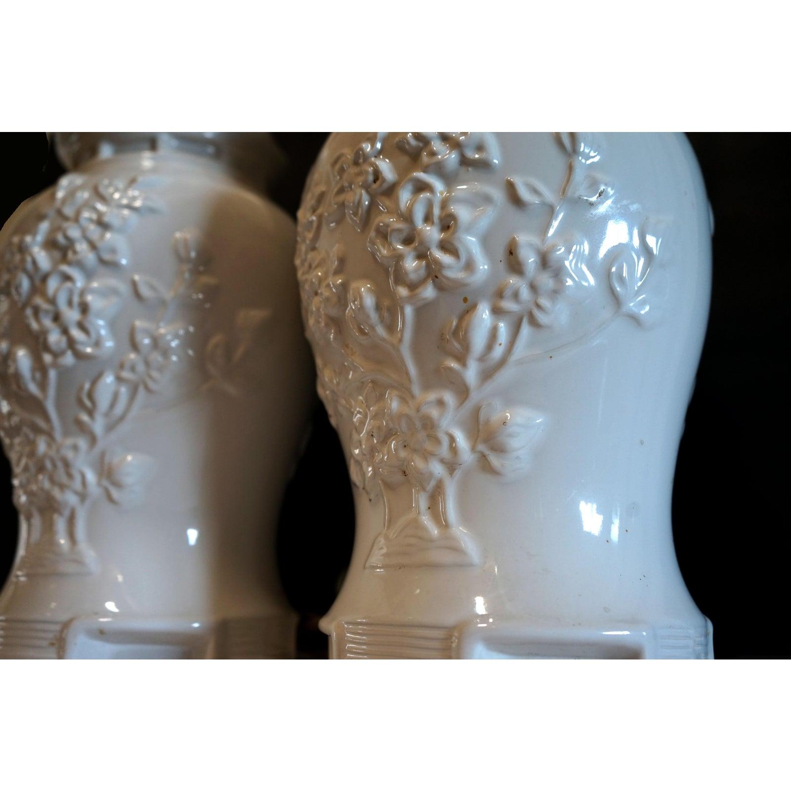 Pair of Blanc De Chine Vintage Porcelain Baluster Lamps with Prunus Motif In Good Condition In Lomita, CA