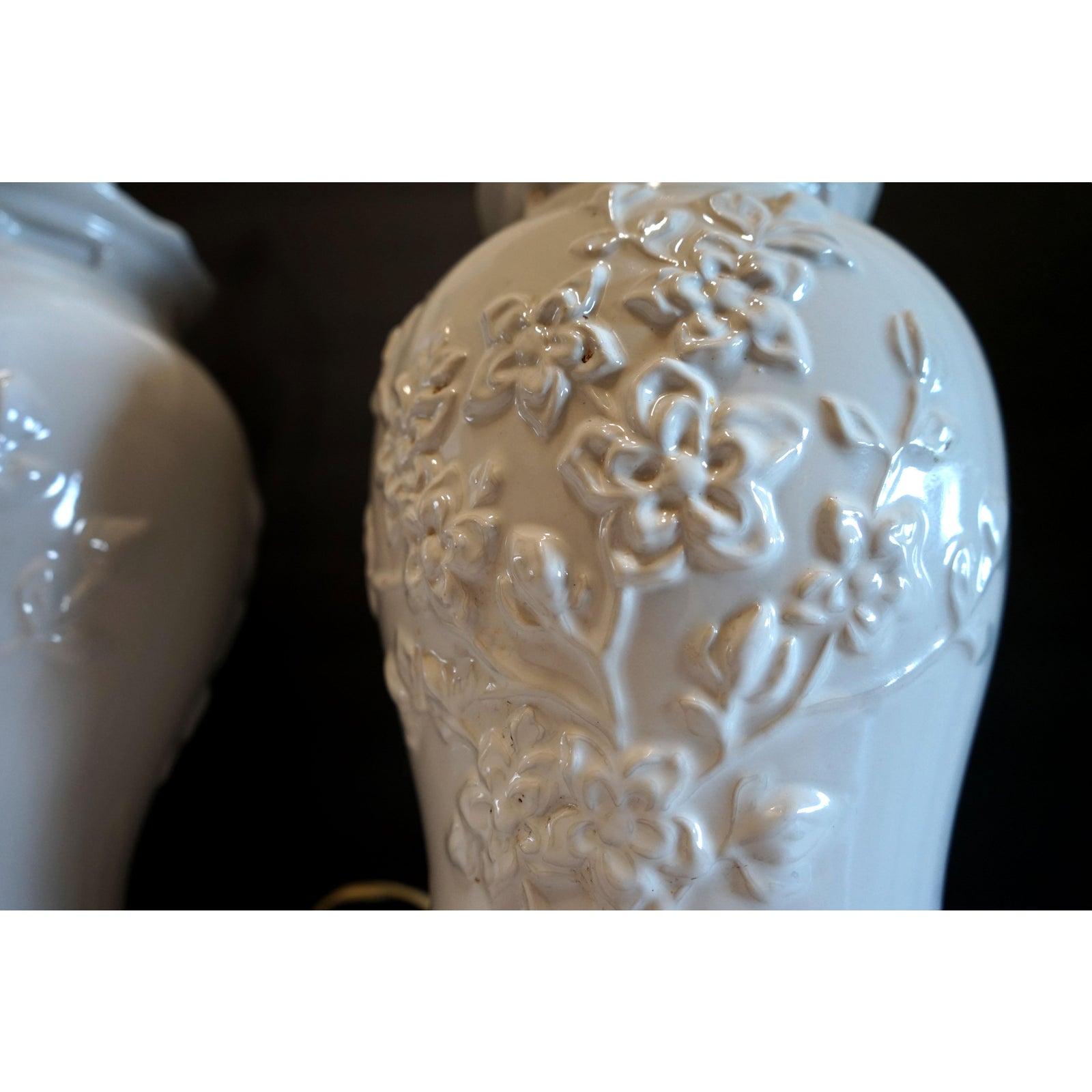 Pair of Blanc De Chine Vintage Porcelain Baluster Lamps with Prunus Motif 4