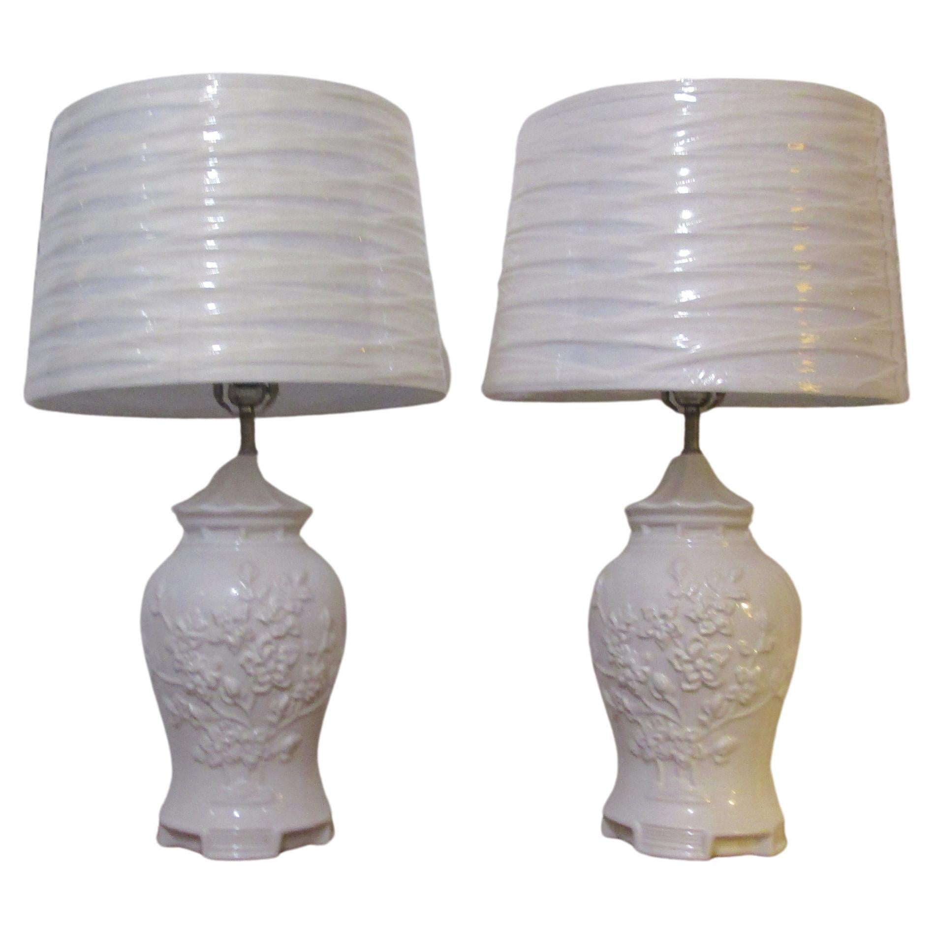 Glazed Pair of Blanc De Chine Vintage Porcelain Baluster Lamps with Prunus Motif