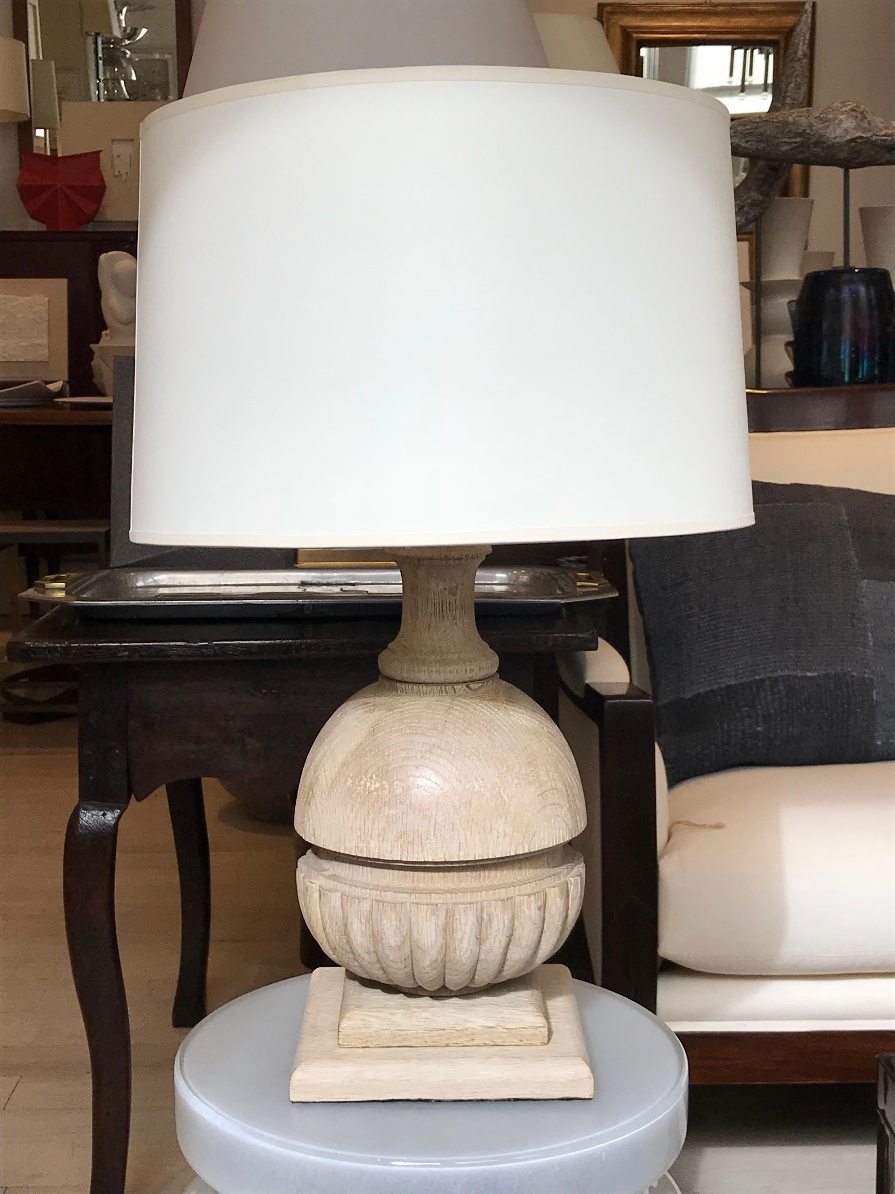 Pair of round, bleached and carved wood lamps with reeded detail. Recently wired for US specifications. Lampshades not included. Made in Belgium from antique elements.

 
Available to see in our NYC Showroom 
BK Antiques
306 East 61st St. 2nd
