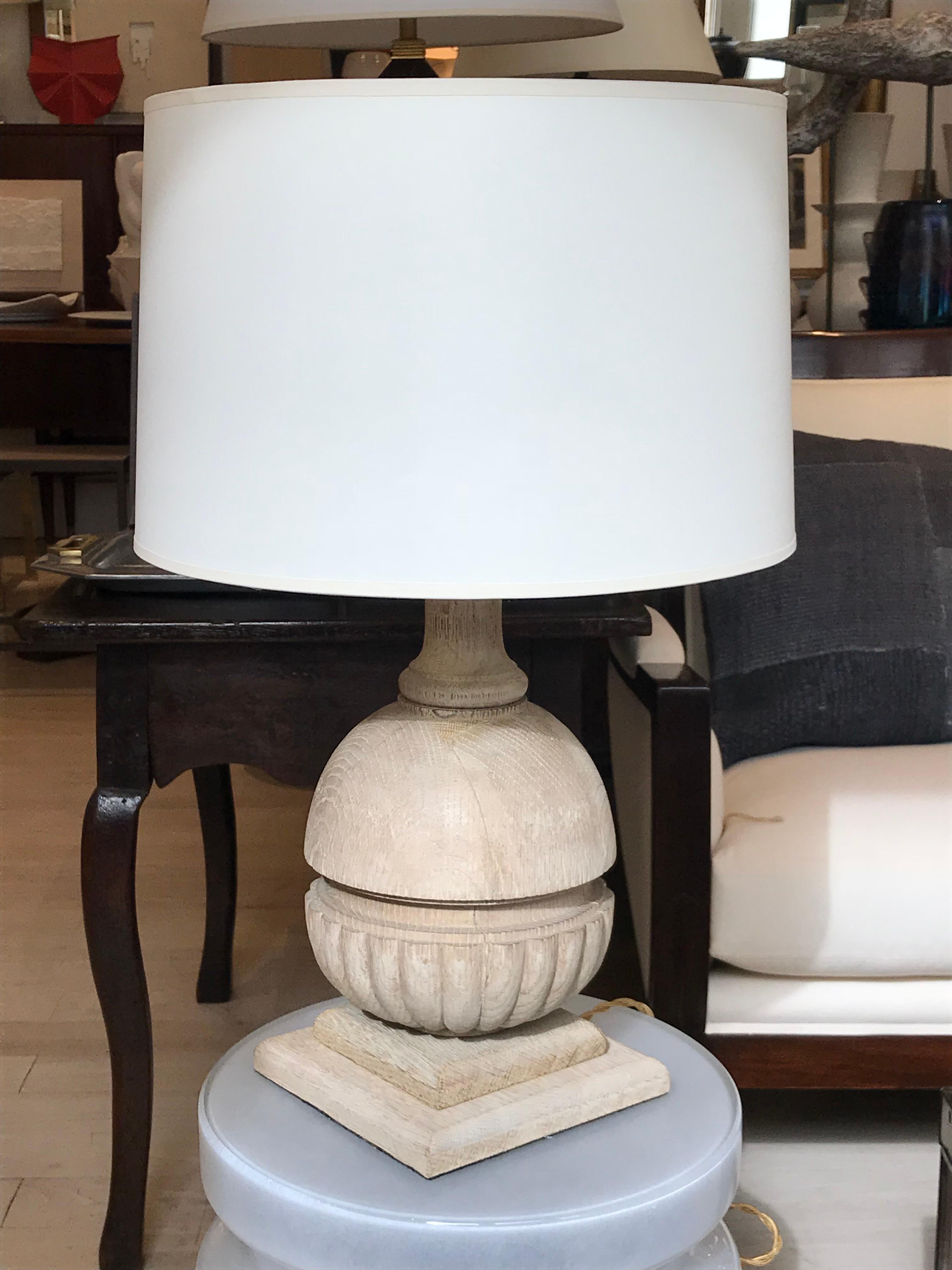 Rustic Pair of Bleached and Carved Wood Lamps For Sale