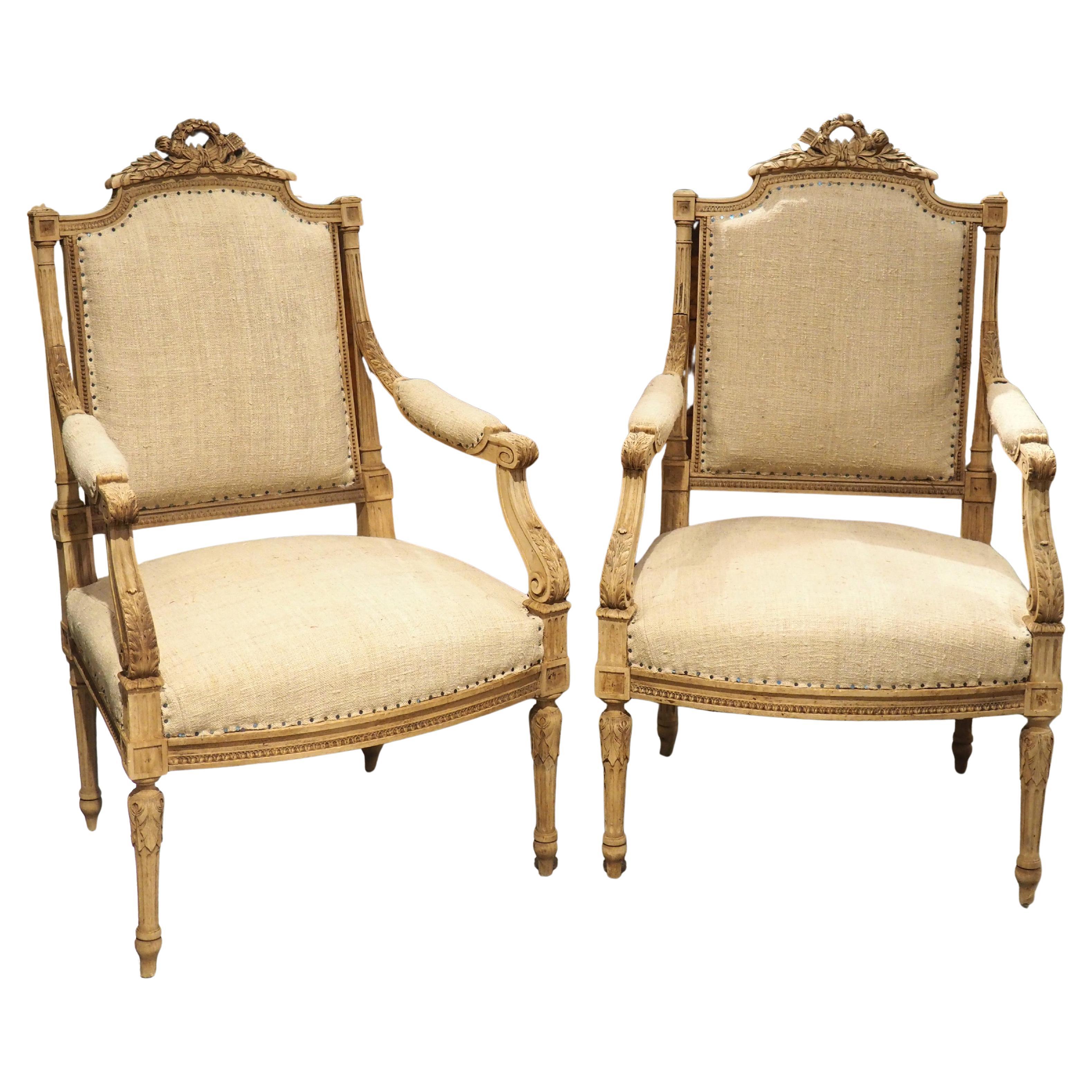 Pair of Bleached Antique Louis XVI Style Fauteuil Armchairs, Circa 1890