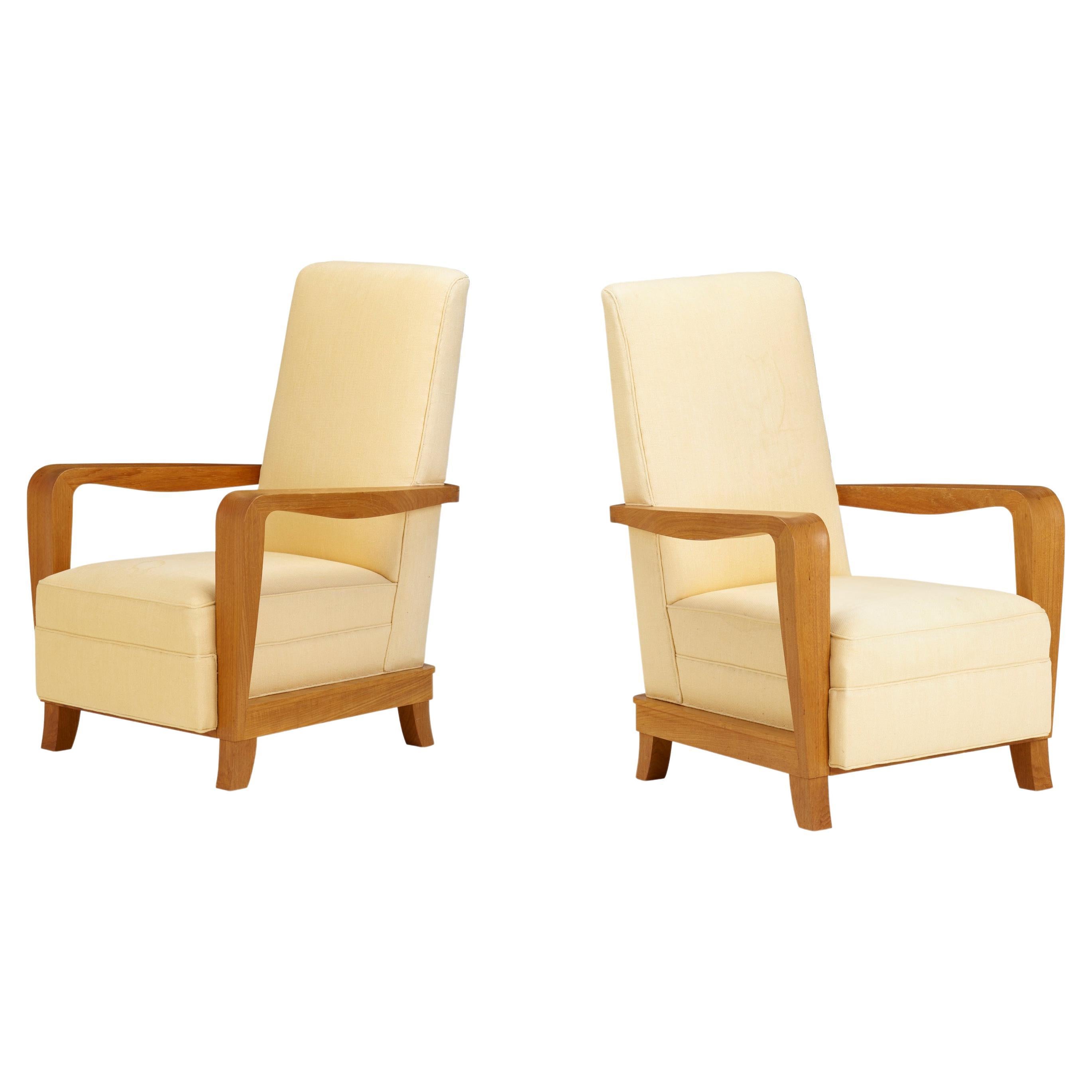 Pair of Bleached Mahogany Upholstered Armchairs After a Model by Maxime Old For Sale