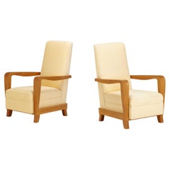 Pair of Bleached Mahogany Upholstered Armchairs After a Model by Maxime Old