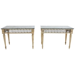Pair of Bleached Oak Consoles with Marble Tops