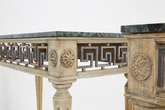 Pair of Bleached Oak Consoles with Metal Greek Key Pattern and Marble Tops