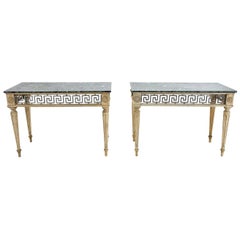 Pair of Bleached Oak Consoles with Metal Greek Key Pattern and Marble Tops