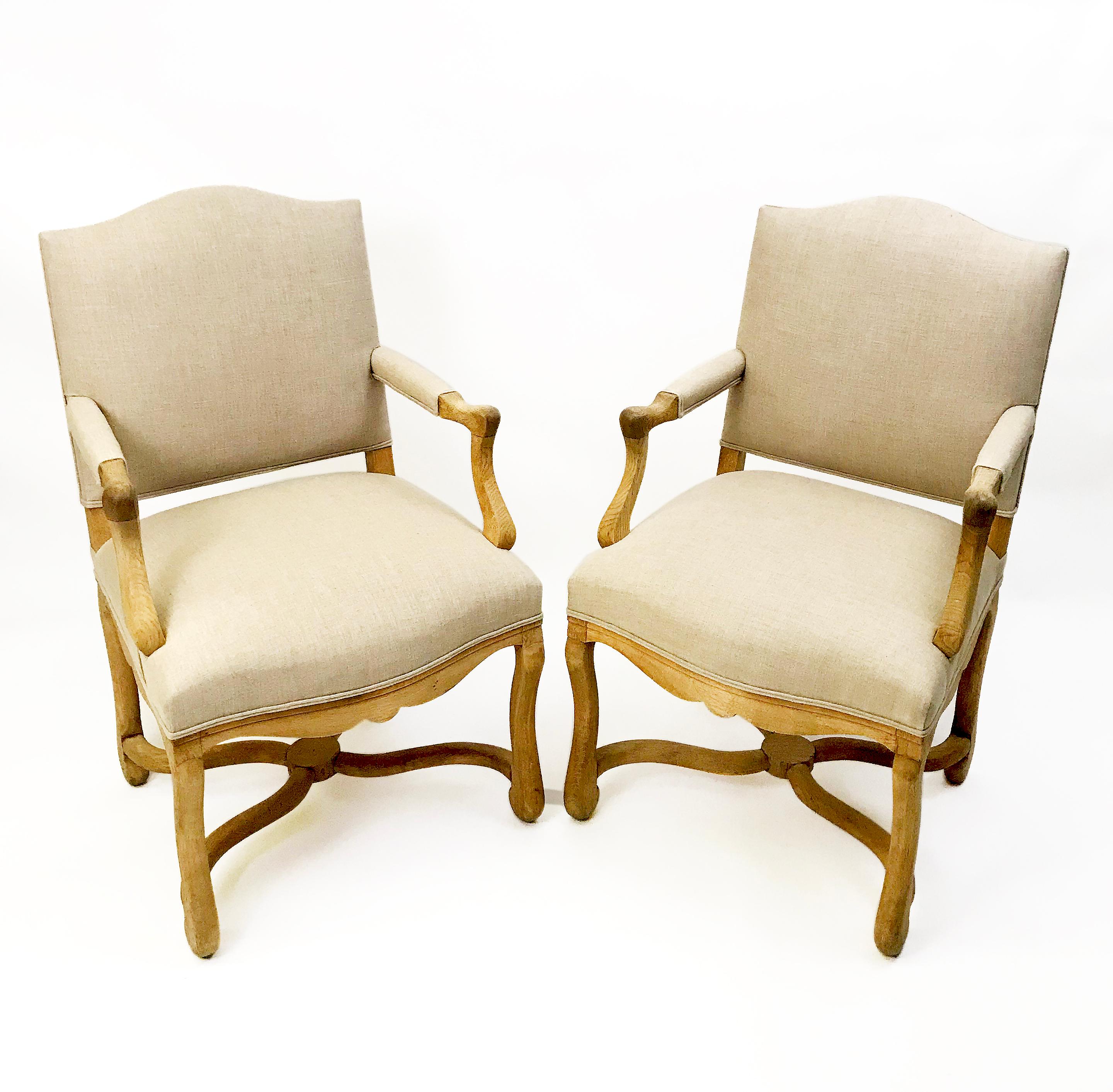 Early 20th Century OS DE MOUTON Bleached Oak Pair of Open Armchairs