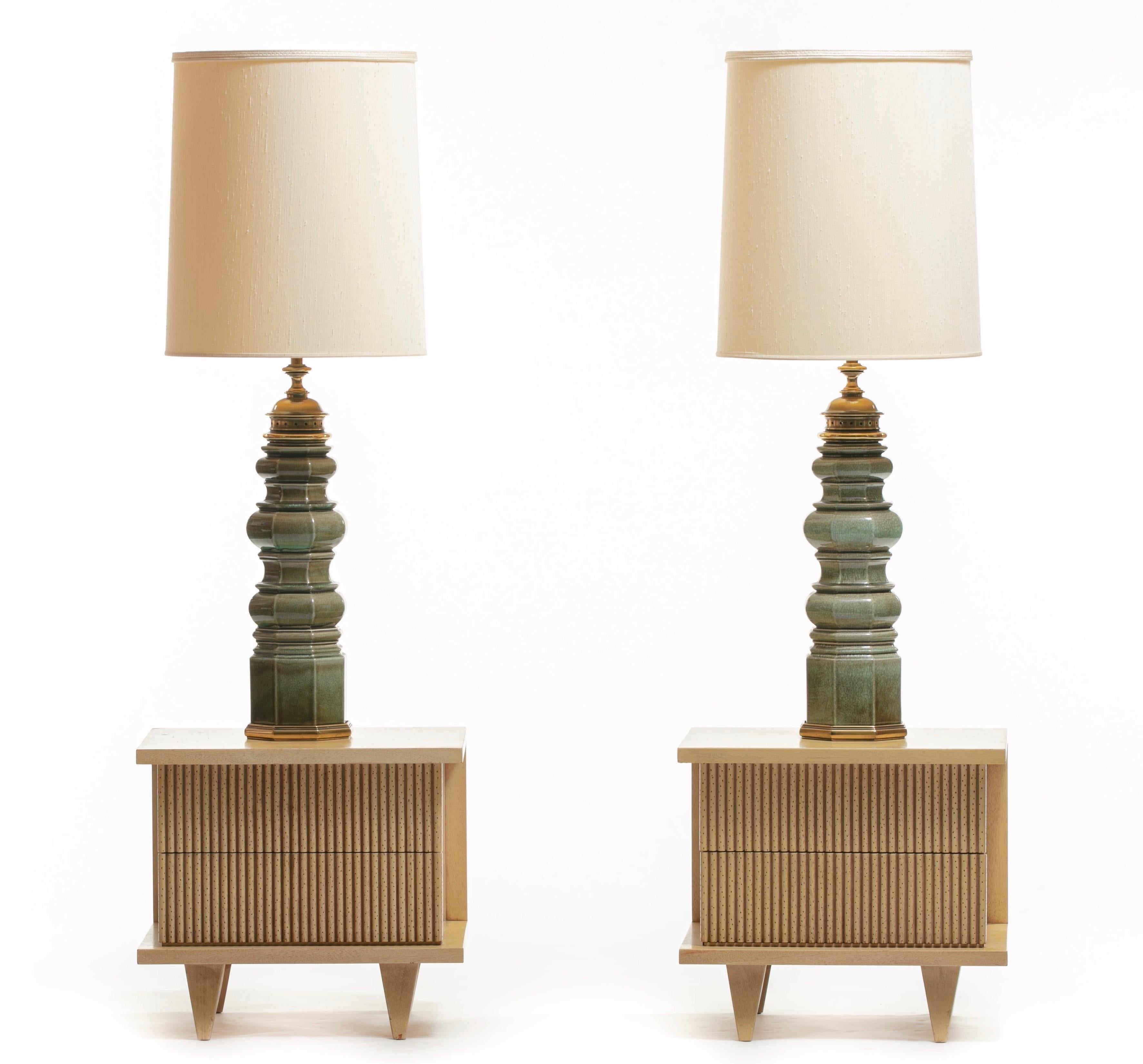 Beautiful pair of midcentury architectural nightstands in original bleached Philippine mahogany with reeded drawer fronts by American of Martinsville, circa 1950s. It's all about the details. Low profile, high design. Bleached mahogany original