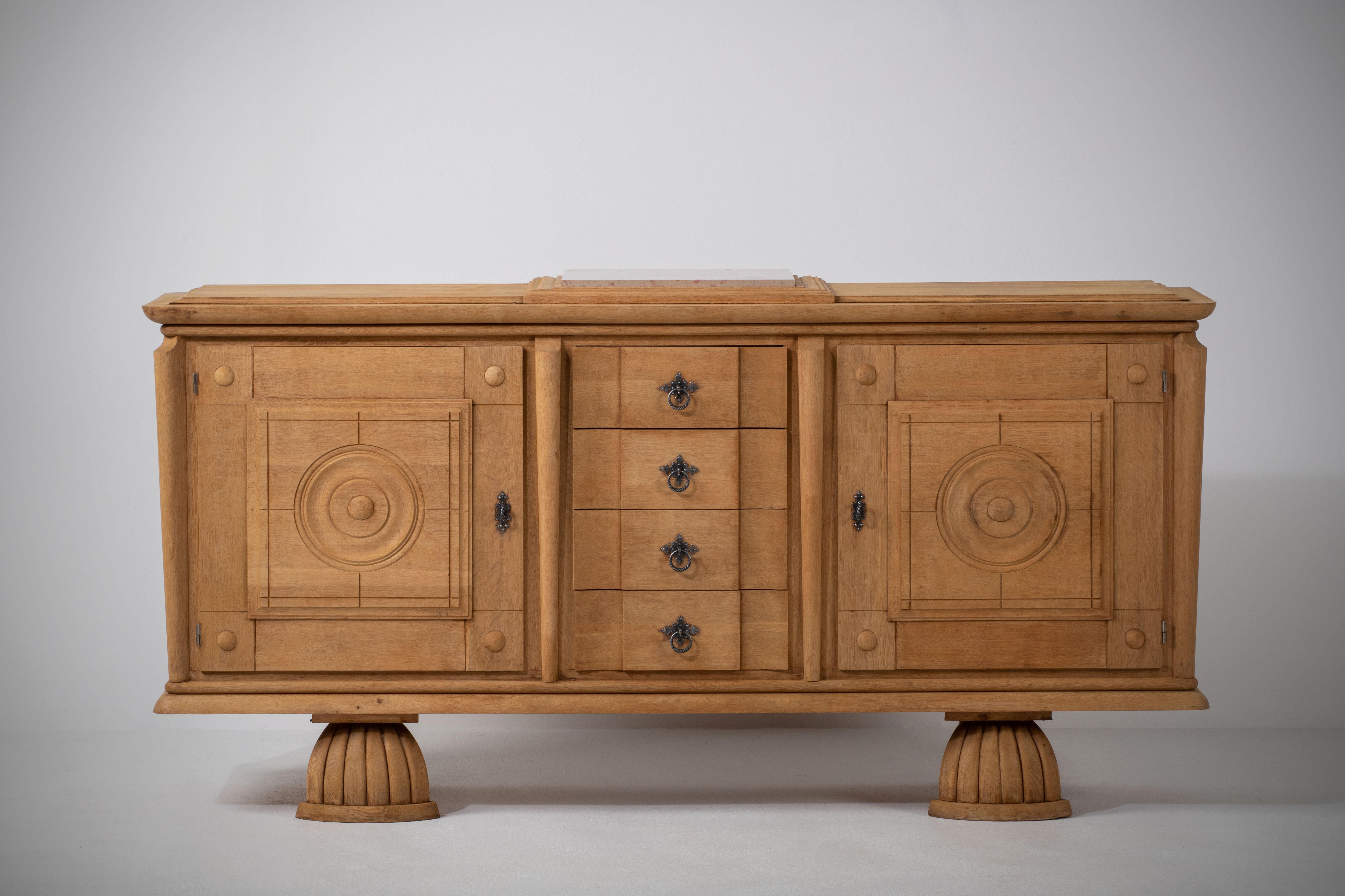 Pair of Bleached Solid Oak Credenza, France, 1940s 4