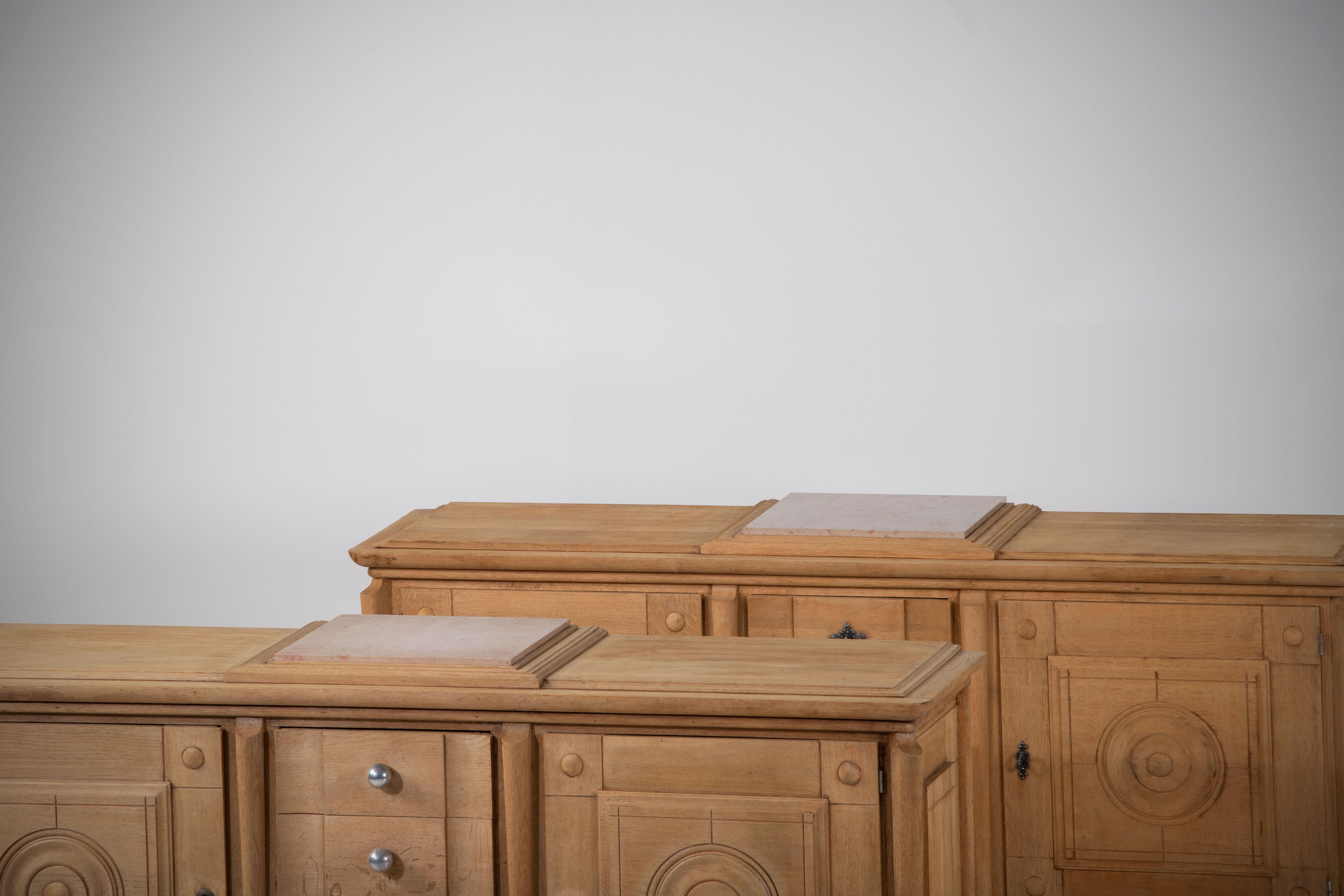 Mid-20th Century Pair of Bleached Solid Oak Credenza, France, 1940s