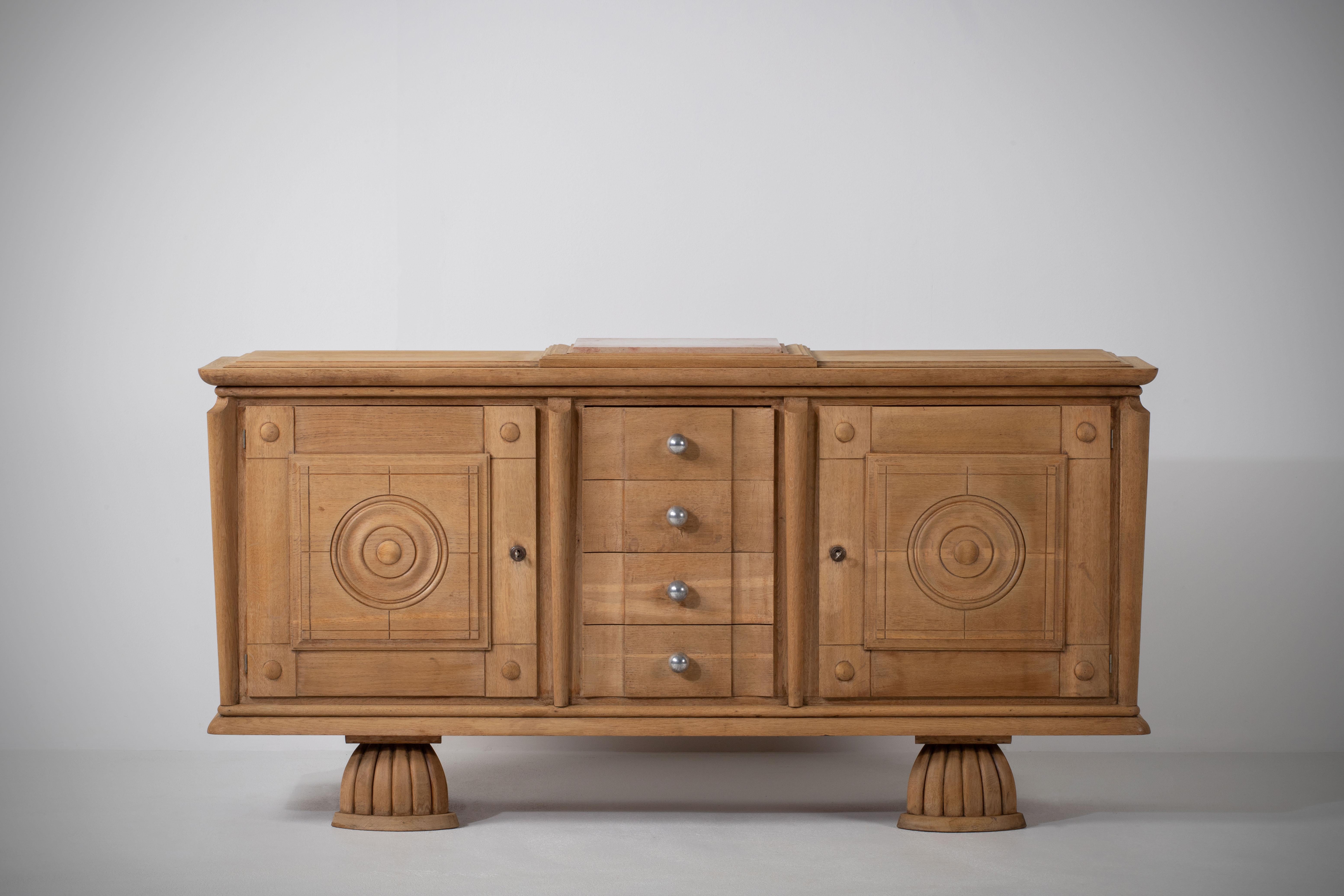 Pair of Bleached Solid Oak Credenza, France, 1940s 3