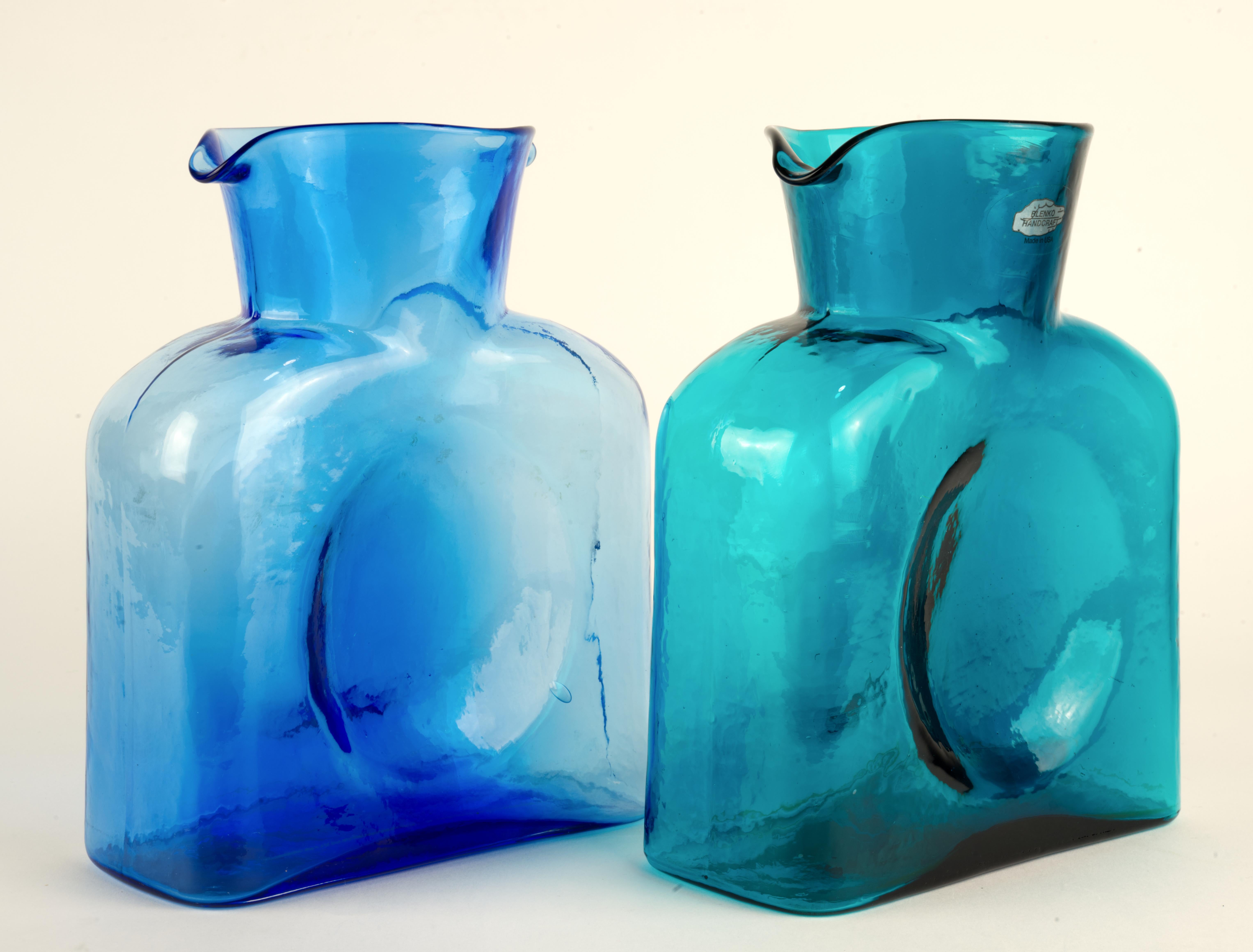 Mid-Century Modern Pair of Blenko 384 Water Bottles Azure and Seabreeze For Sale