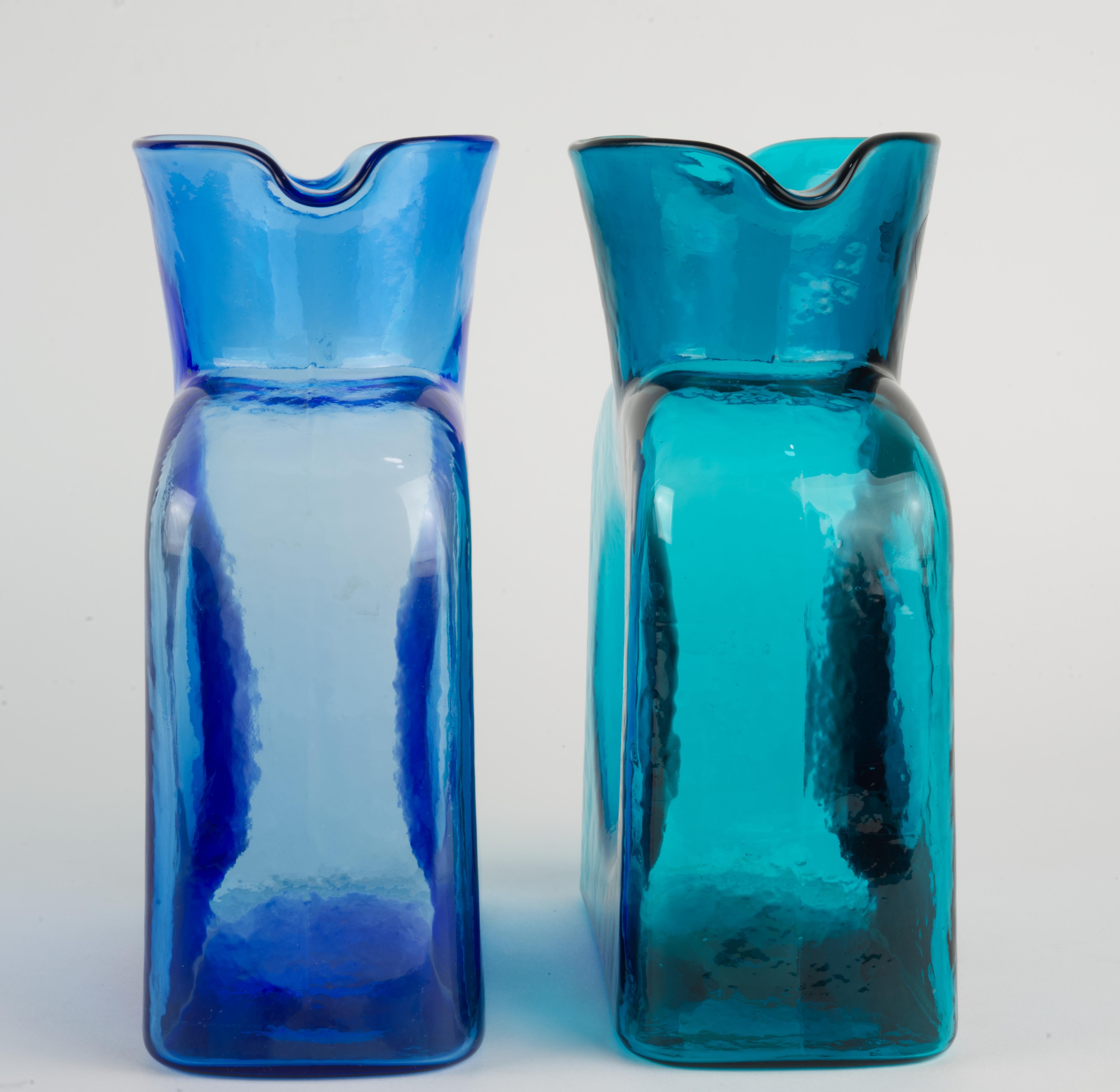 Mid-Century Modern Pair of Blenko 384 Water Bottles Azure and Seabreeze