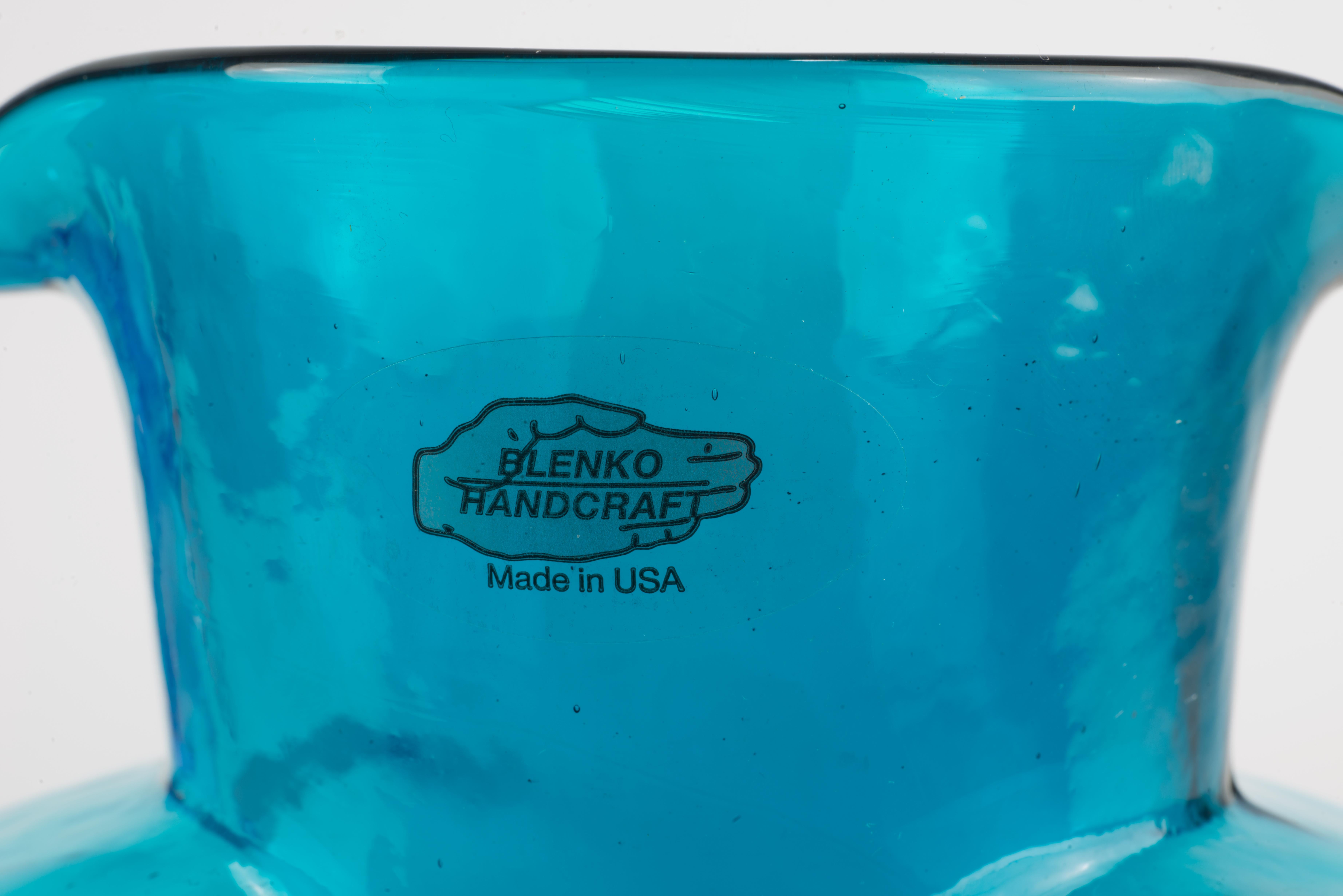Art Glass Pair of Blenko 384 Water Bottles Azure and Seabreeze For Sale